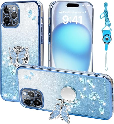 Miniatura 9 de Funda protectora para Apple iPhone 14 (6.1 pulgadas), para mujeres y niñas, funda protectora de TPU con diseño floral de mariposa con purpurina y