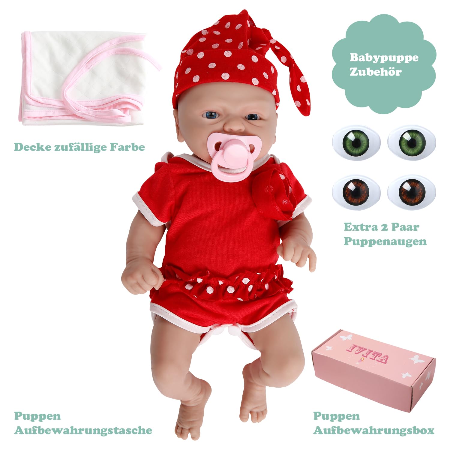 IVITA Reborn Babypuppe 17 Cm – Vollsilikon, Offener Mund, Mit 3 Paar Austauschbaren Augen