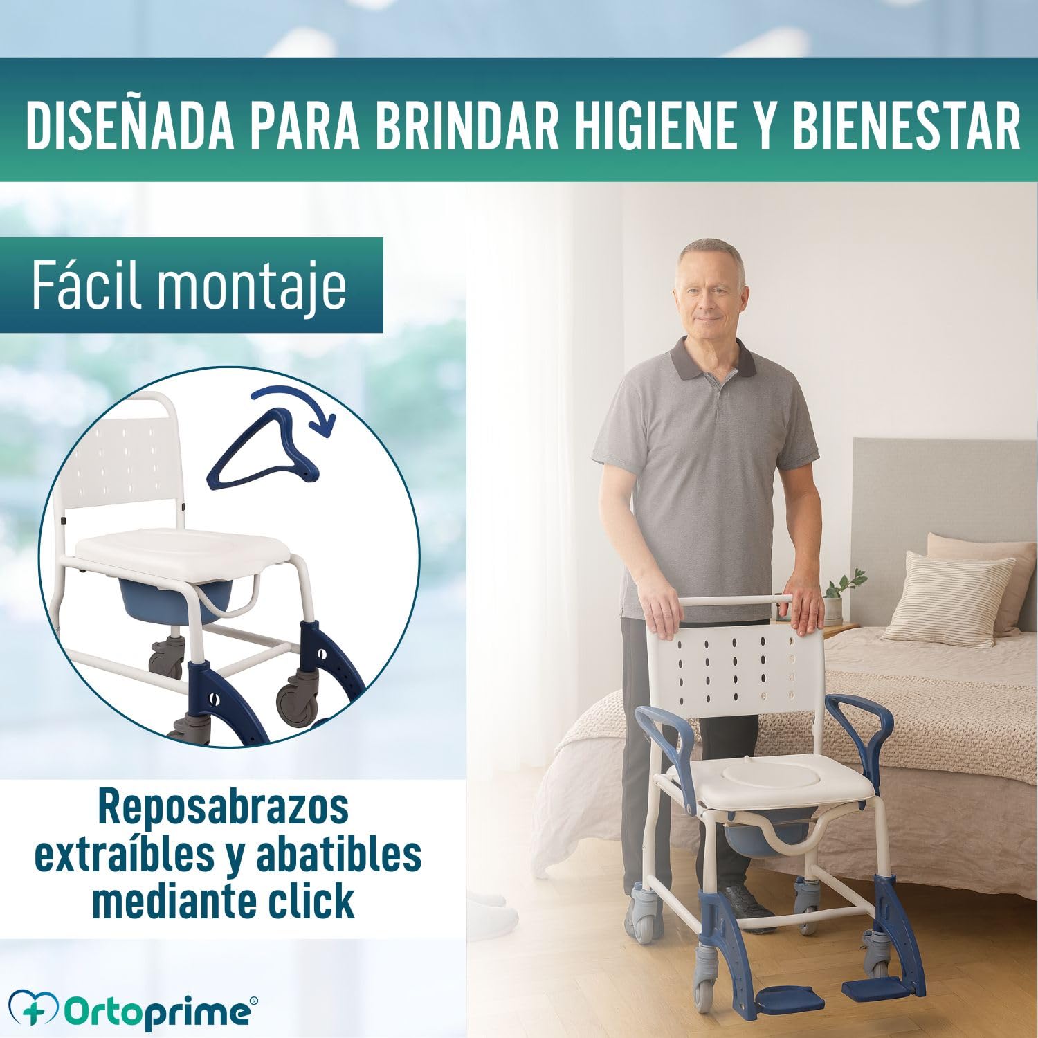 OrtoPrime Silla Ducha WC Personas Mayores Silla Ducha RUEDAS y FRENOS Silla Baño Adultos Brazos y Pies ABATIBLES - Silla wc Baño Portátil Silla Ducha Personas Mayores - Silla de Baño con Inodoro