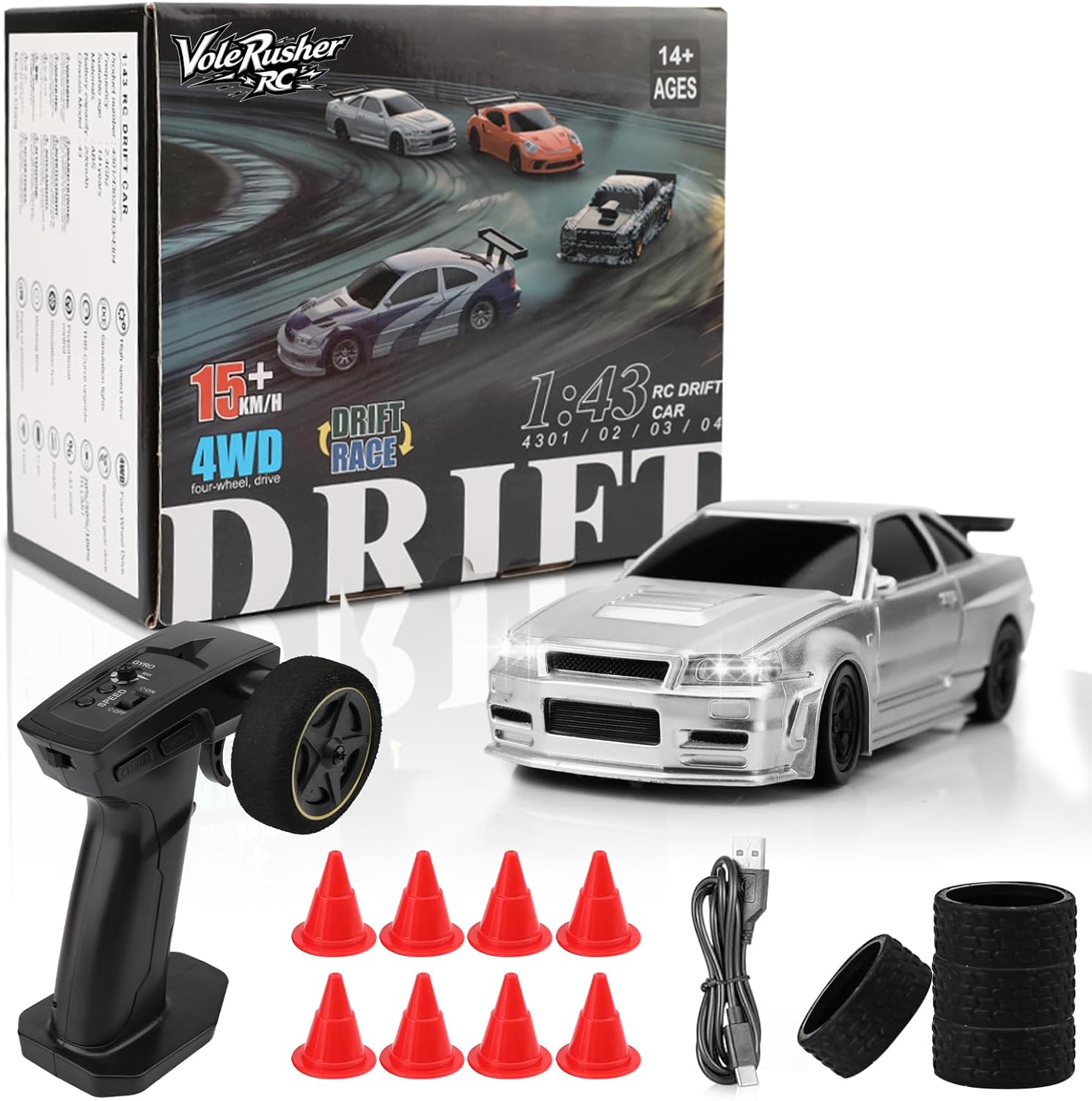 [4WD Edition 1/43 Scale Mini RC Drift Car, Toys for Age 8-14 Old Birthday Gifts, High Speed Racing Micro Small with Full Proportional RTR 2.4GHz Remote 2 Tire Sets 8 Cones - Silver