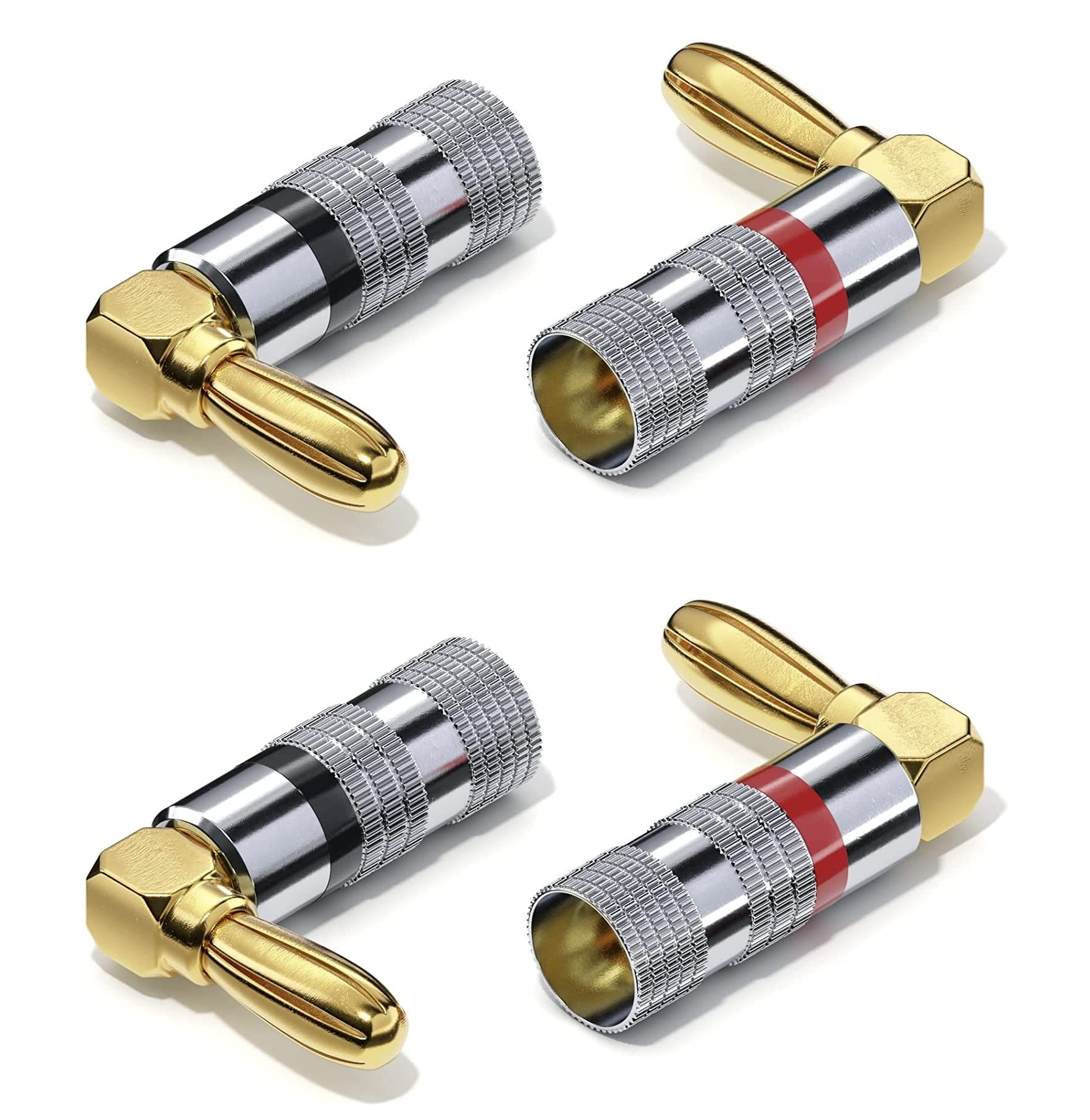 fdealz® [ 2 Pairs / 4 Pieces ] 90° Right Angle Banana Plug Connectors ; Banana Plugs for Speaker Cables 90° Angled Plugs Gold Plated with Colour Coding 24K Gold Plated