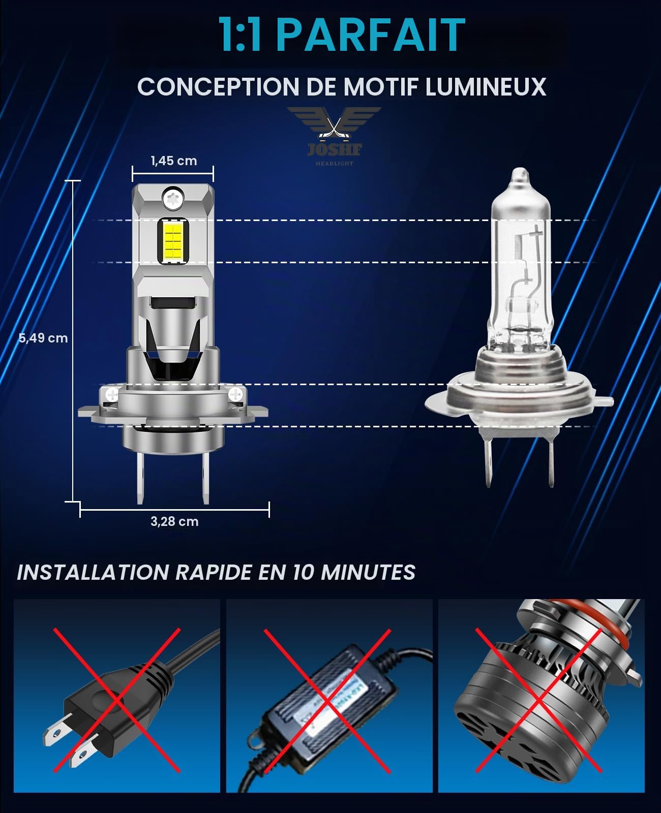 JOSHF Ampoules H7 LED 28000LM 110W Phare Avec Ventilateur Silencieux, Efficacité Energétique LED H7 Ampoule de Voiture, 1:1 Remplace Lampes Halogènes, DC12-18V,Set De 2