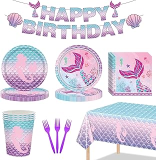Mermaid Birthday Party Decorations Set Mermaid Reusable Party Supplies Includes Plates, Fork, Cup, Tablecloth, Banner for ...