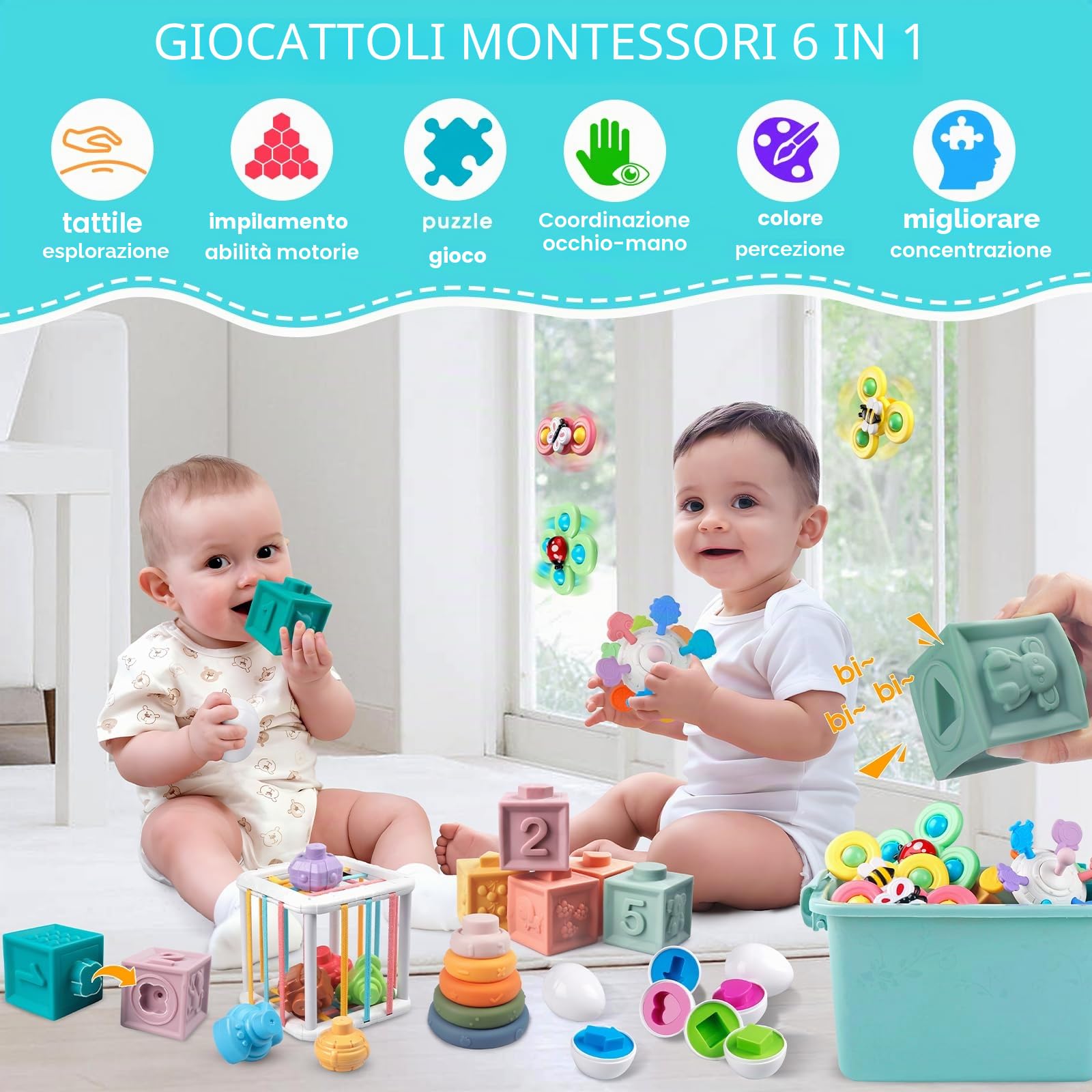 Plunack Montessori Giocattolo per Bambini 18 Mesi a 3 Anni, 6 in 1 Neonato Giocattoli Sensoriale, Blocchi e Anelli impilabili, Regalo di Compleanno per Bambini