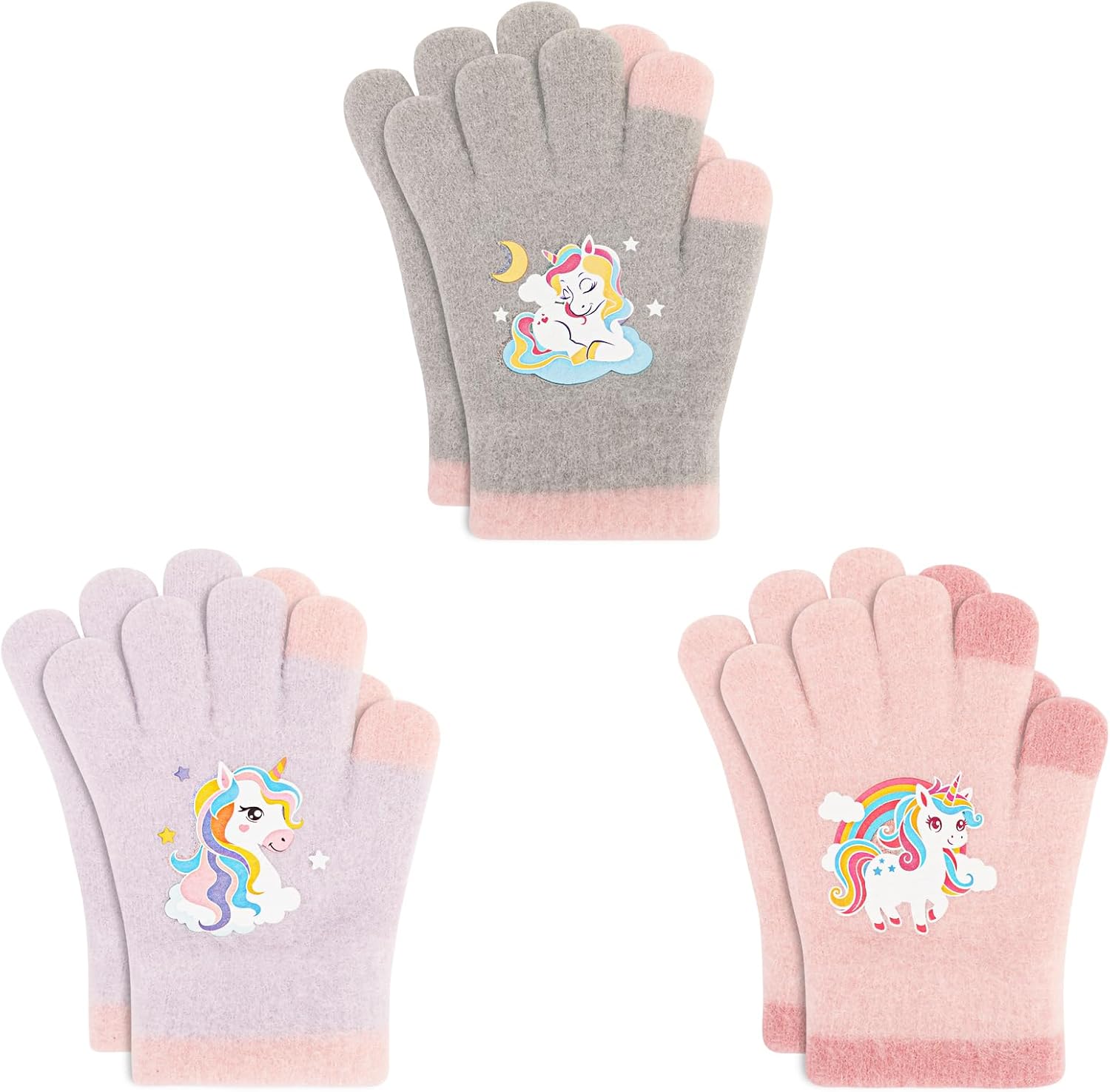 3 Pairs Kids Warm Knit Gloves, Toddler Magic Gloves Children's Colorful Glove Soft Thermal Glove Stretch Winter Mittens Full Finger Mittens Pattern for 1-5 Years Boys Girls