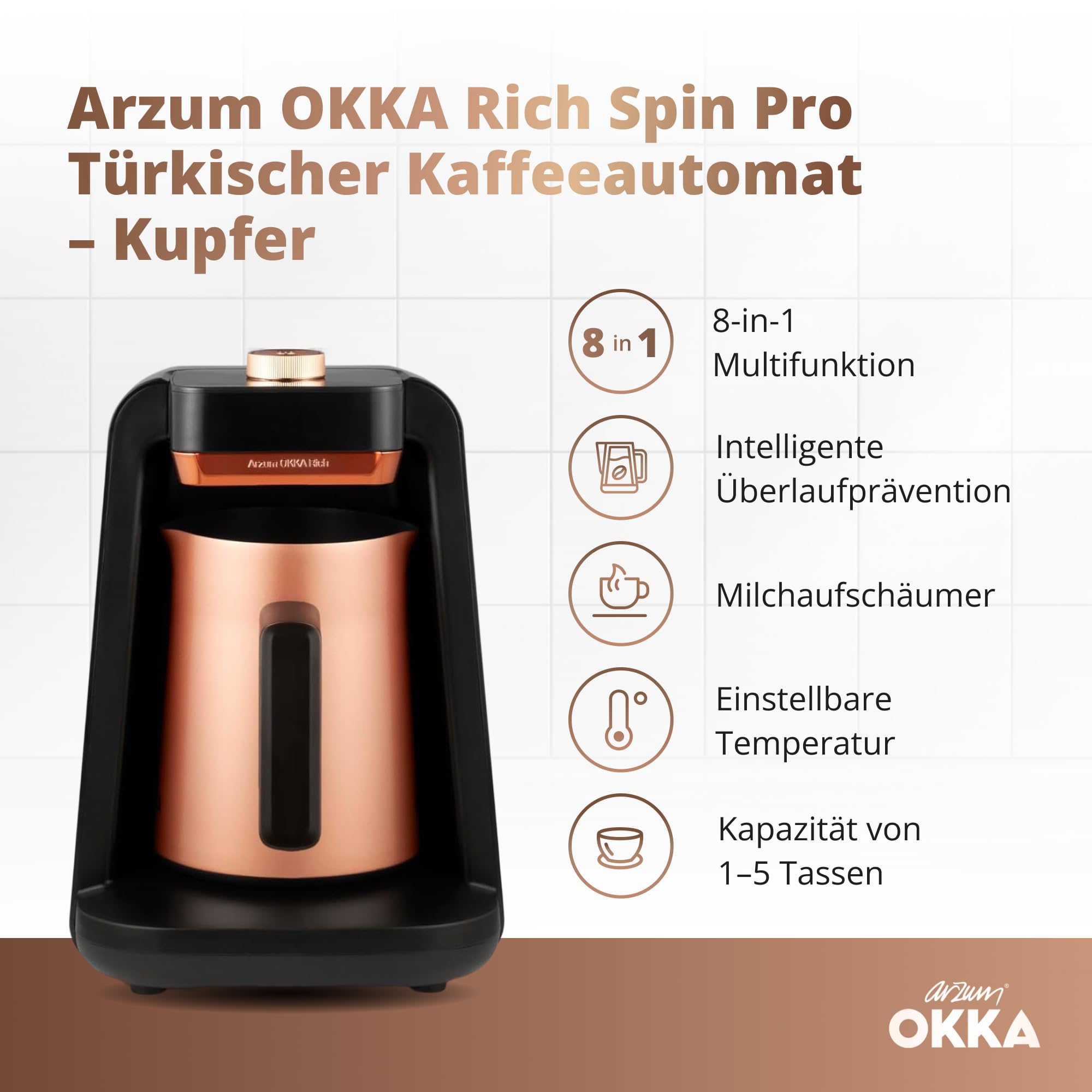 Arzum Okka Rich Spin Pro Türkische Kaffeemaschine mit 5 Tassen Kapazität, 700W Leistung, Auto Brewing Altitude Detection und Automatischem Mixer für Milchgetränke