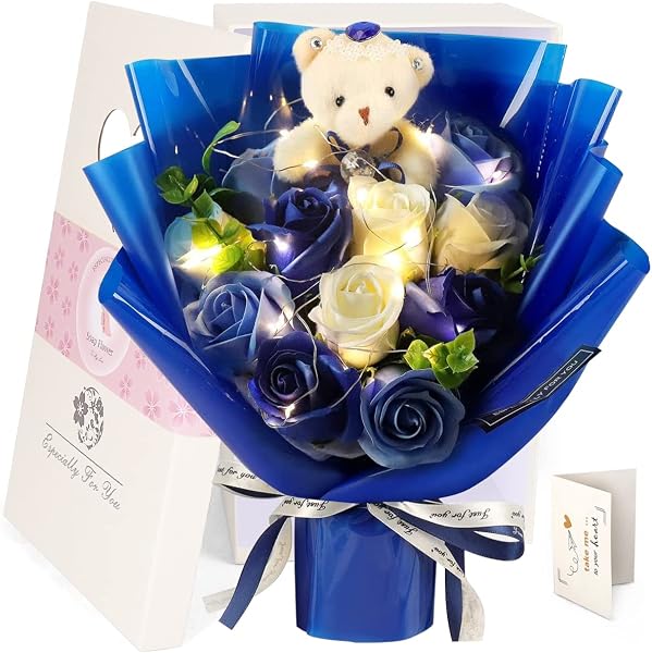 ledつきのバラ ソープフラワー 花束 造花 青ぬいぐるみブーケ クリスマス 花 誕生日 プレゼント 女性 ギフト 人気 結婚祝い 開店祝い ギフトボックス メッセージカード入り (青い(LED)) - 1