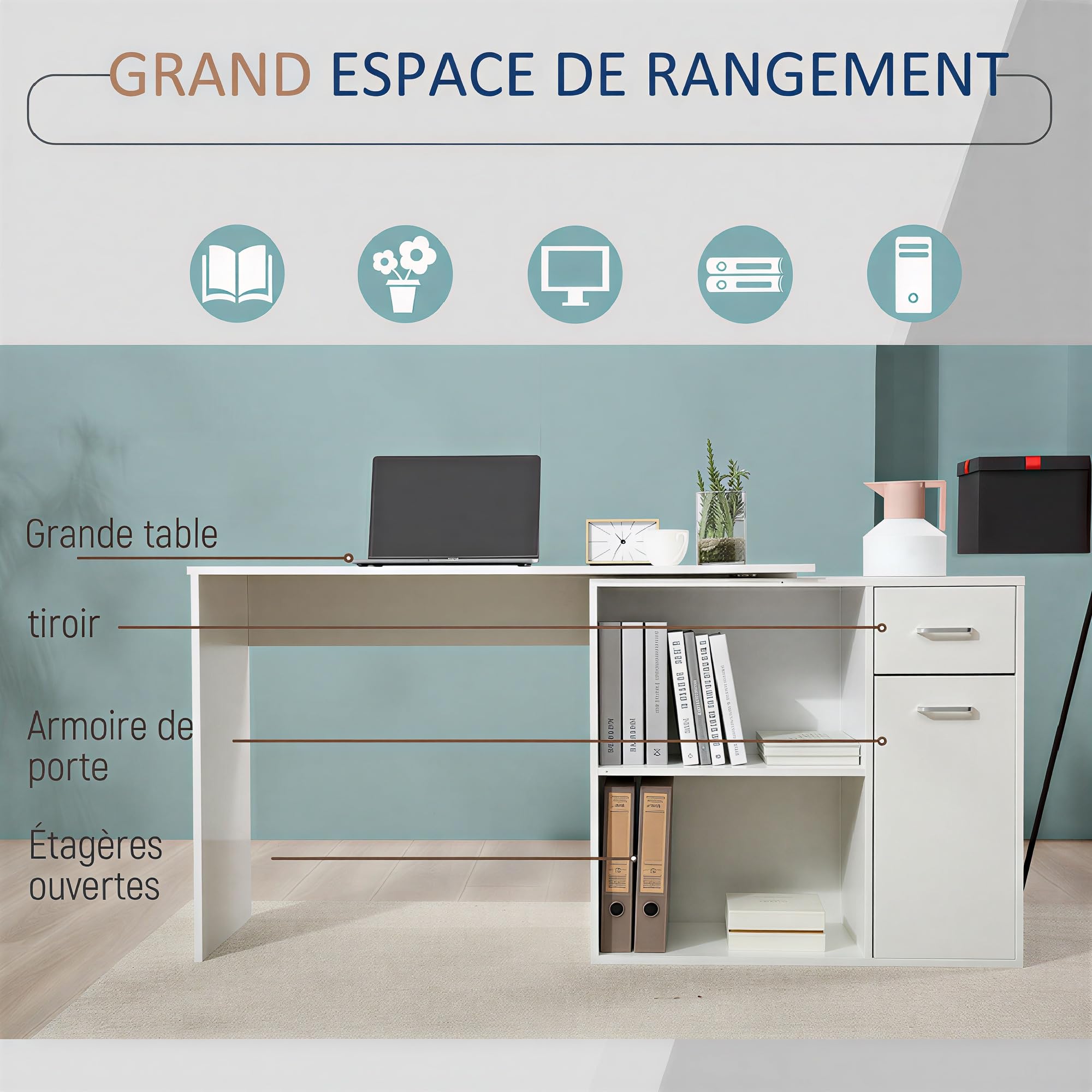 HOMCOM Bureau d'angle Rotatif 180° 117x82x74 cm Blanc | Bibliothèque, Bureau d'Ordinateur, Tiroir, Placard à Porte, Poste de Travail, pour Maison, Chambre