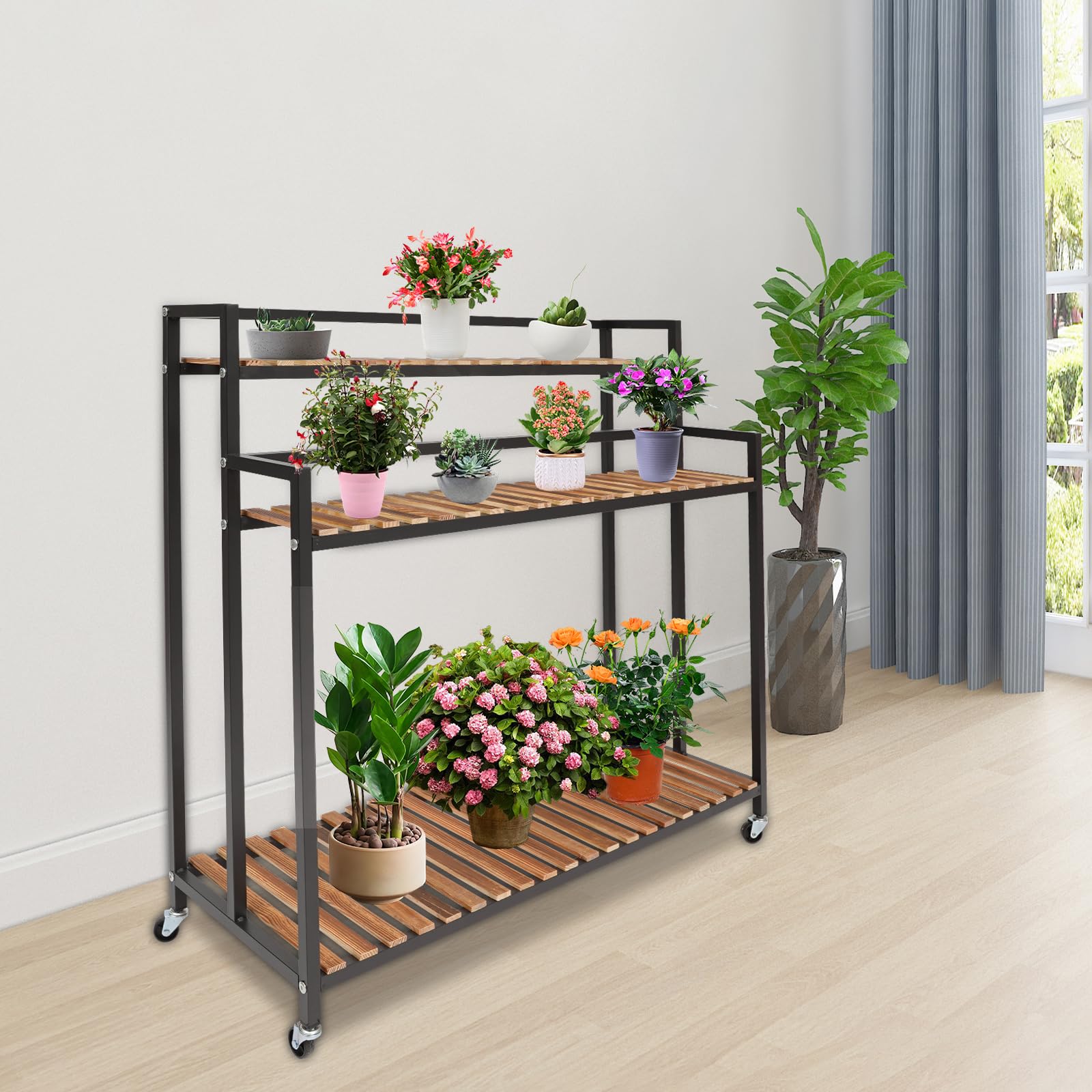 3-Stufige Blumentreppe, Blumenregal mit Rädern, Pflanzentreppe aus Edelstahl und Kiefernholz Platten, Bewegliches Blumenständer Pflanzenständer für Outdoor Indoor, 100x40x102 cm (Schwarz)