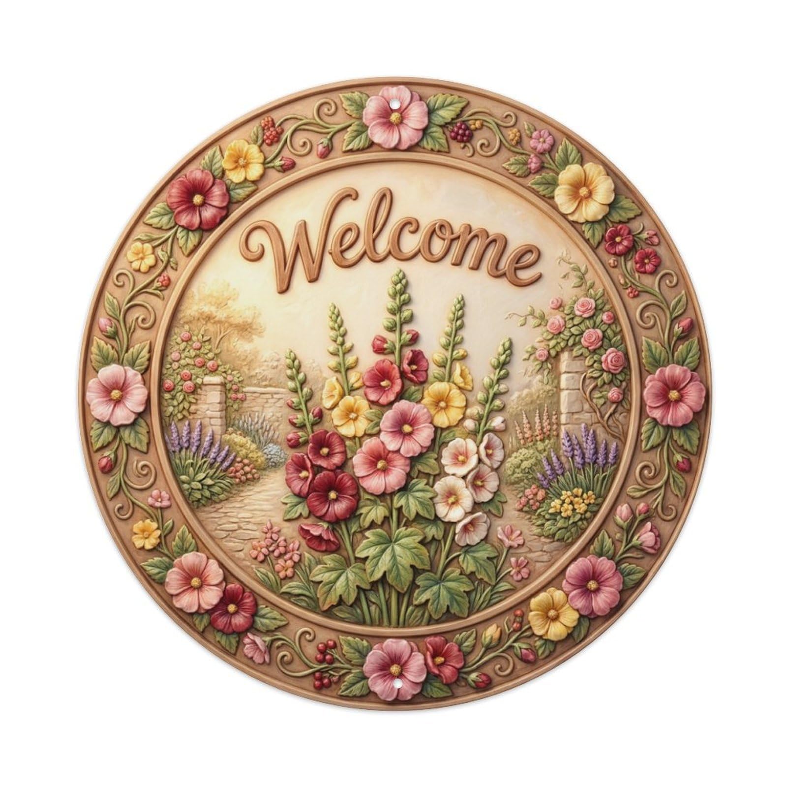 Metal Tin Sign Hollyhock Garden Welcome Cottage Blooms