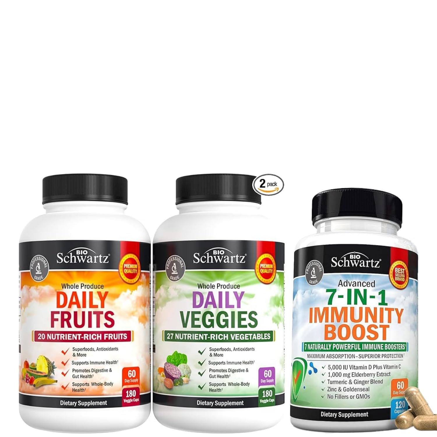 BioSchwartz Daily Fruits and Veggies Supplement for Women and Men (2 Month Supply) Plus 7 in 1 Immune Support Supplement with Antioxidants (2 Month Supply)