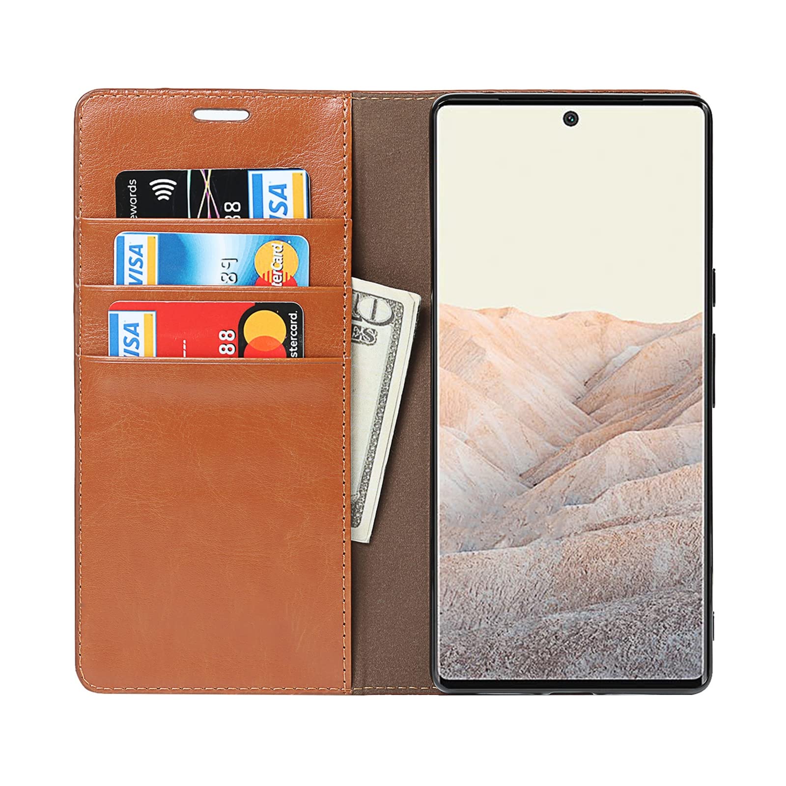 Etui portfelowe do Google Pixel 6/6 Pro, wysokiej jakości prawdziwa skóra portfel etui z przegródką na karty, podpórka, etui z klapką na telefon, miękkie etui z TPU, brązowe 1,6 Pro 6,7 cala