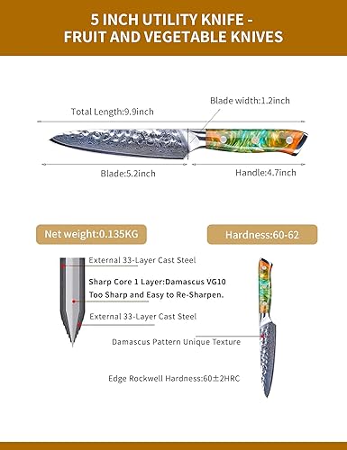 Miniatura 9 de Cuchillo Nakiri de 7 pulgadas, cuchillos de cocina para verduras - Cuchillo japonés Usuba - Mango de acero y resina de Damasco martillado - Serie YAO