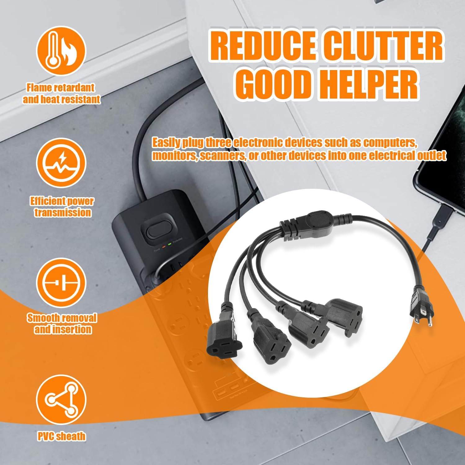 4 Way Power Splitter, Cable 3 Prong 1 to 4 Outlet Power Cord Splitter Cord,Indoor Outdoor Cable Strip Outlet Saver,SJT 16AWG 20 Inch Power Extension Cable,SJT 16AWG for Home, Room, Office