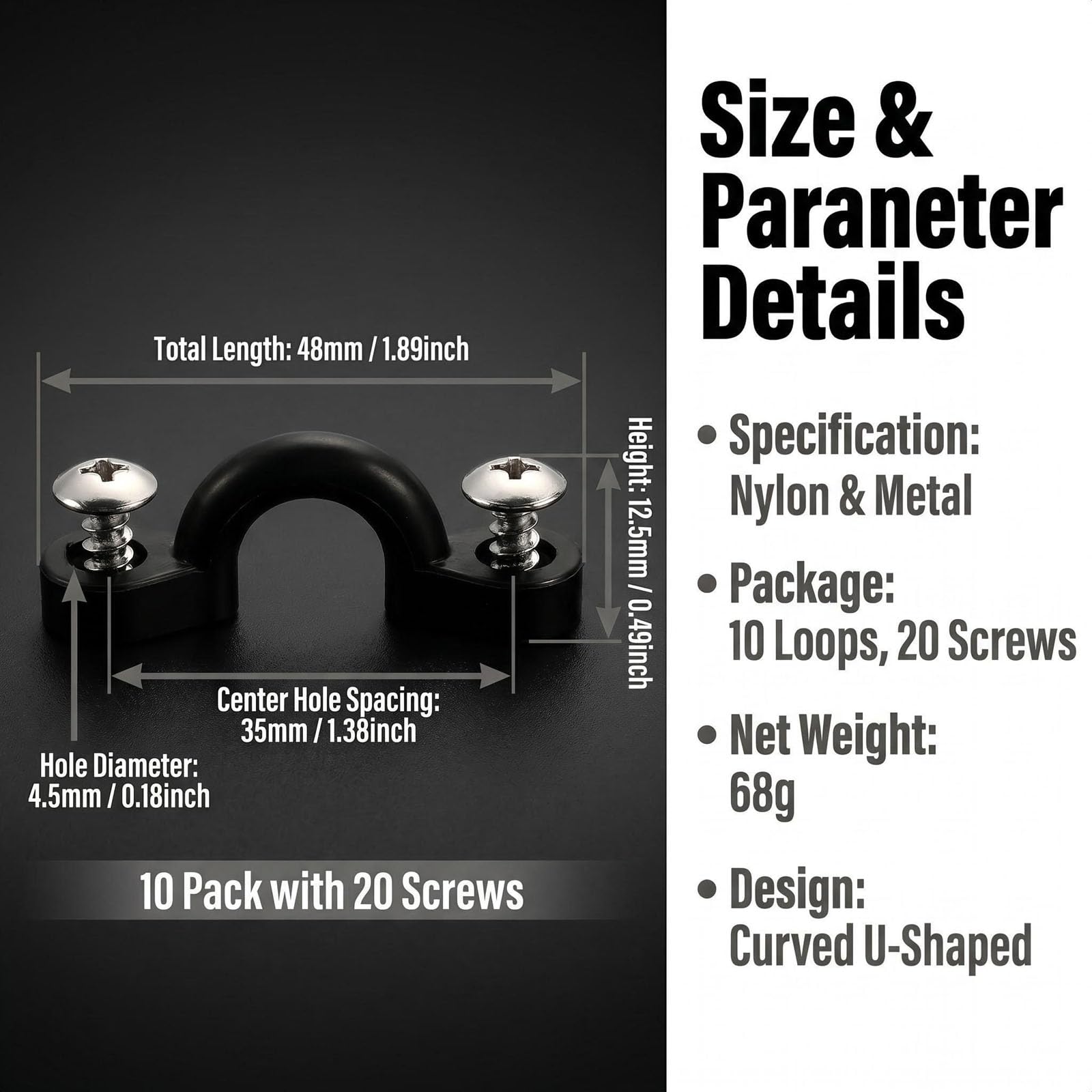 Kit di 10 occhielli neri per kayak, elastici in nylon, con 20 viti, accessori per kayak, kit di sartiame per barche e kayak