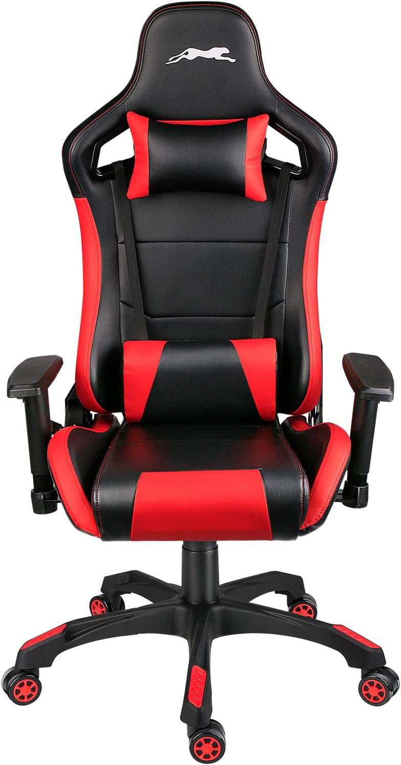 Leopard Gaming Chair, High Back PU Leather Office Chair, Adjustable Video Gaming Chairs, Swivel Racing Chair with Adjustable Armrest (Black/Red)