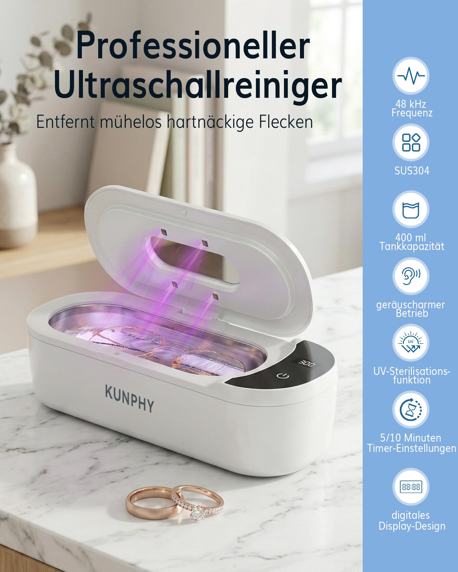 KUNPHY Ultraschallreinigungsgerät mit U-V – Brillenreinigungsgerät 400ml(20Oz) 48kHz, Ultrasonic Cleaner mit digitalem Dual-Modus-Display(5/10min), Ultraschallreiniger für Brille, Schmuck, Uhren