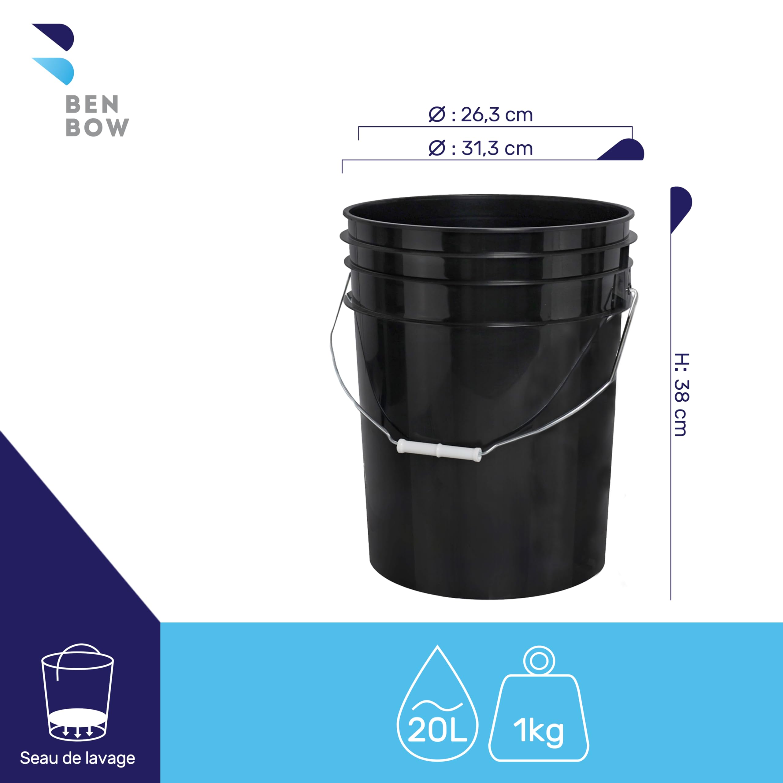 BenBow Kit Lavage Auto: Seau de Lavage de 20 litres avec séparateur et Gant de Lavage pour Voiture - idéal pour Nettoyer sans Rayures véhicules et Motos