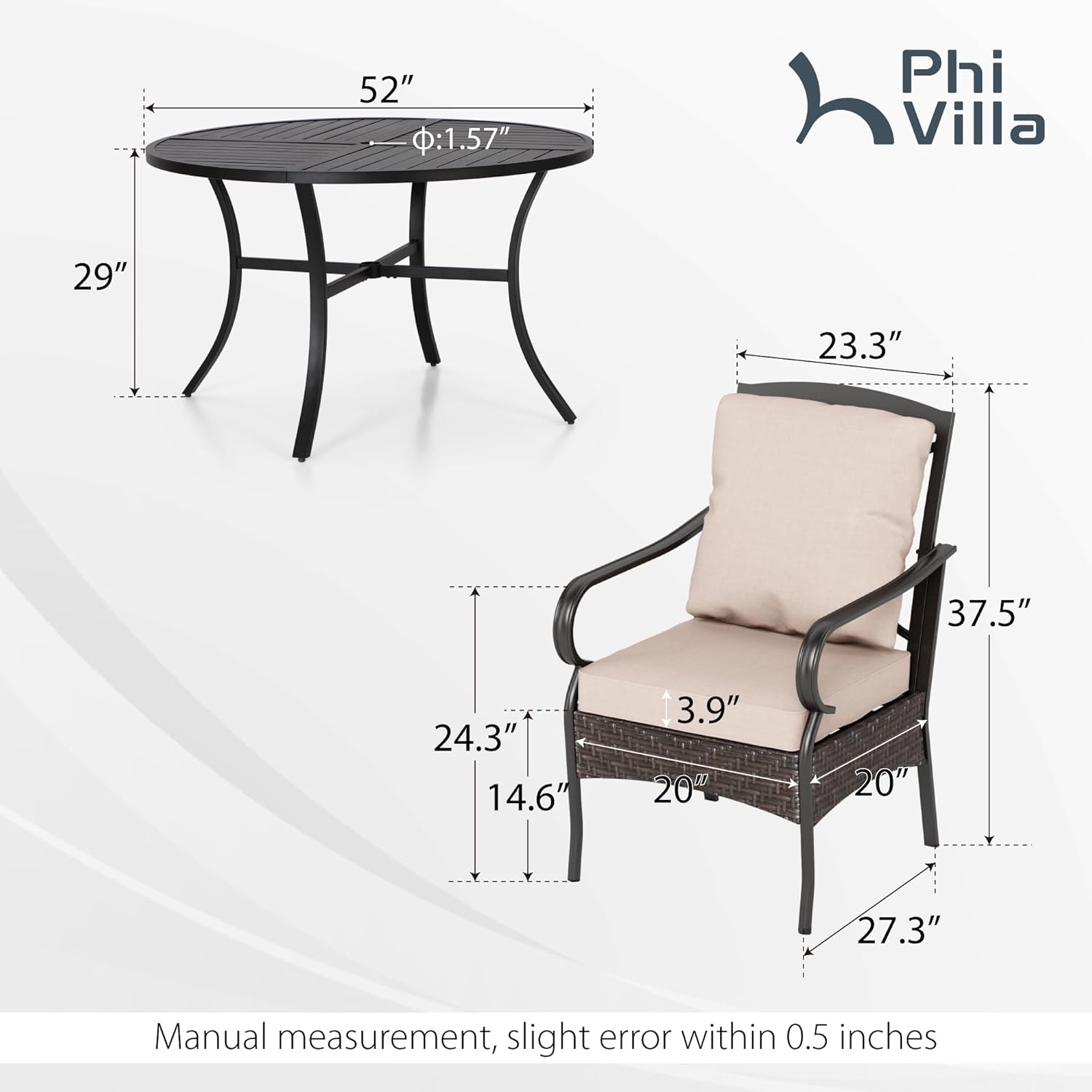 PHI VILLA 7 Pieces Patio Dining Set, Outdoor Round Table and Chairs for 6, 52" Round Dining Table with Umbrella Hole & 6 Heavy Metal Wicker Chairs with Thick Cushions