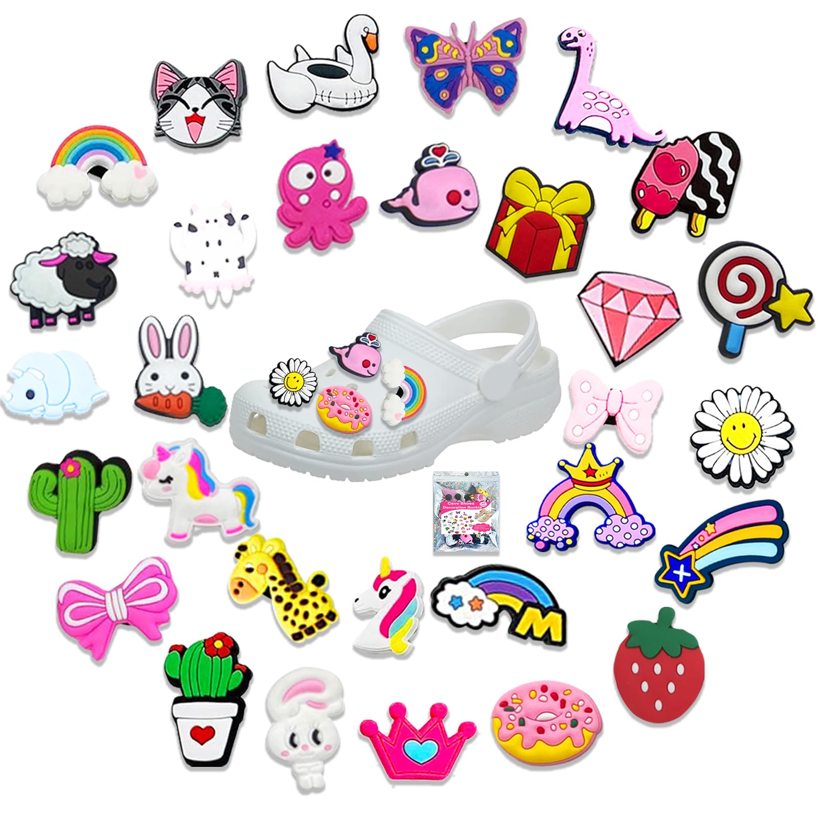 Shoe Charms for Clogs, 30PCS Cute Shoe Charms for Clogs, Different Shape PVC Cartoon Shoes Decorations, Girls Decorations Accessories Wristband Bracelet for Kids Girls, Party Gifts, Princess