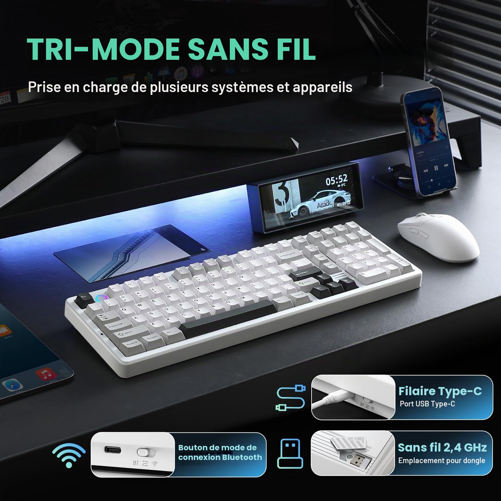 YUNZII AL98 Clavier Mécanique Gamer sans Fil en Alu (Blanc, Milk V2)