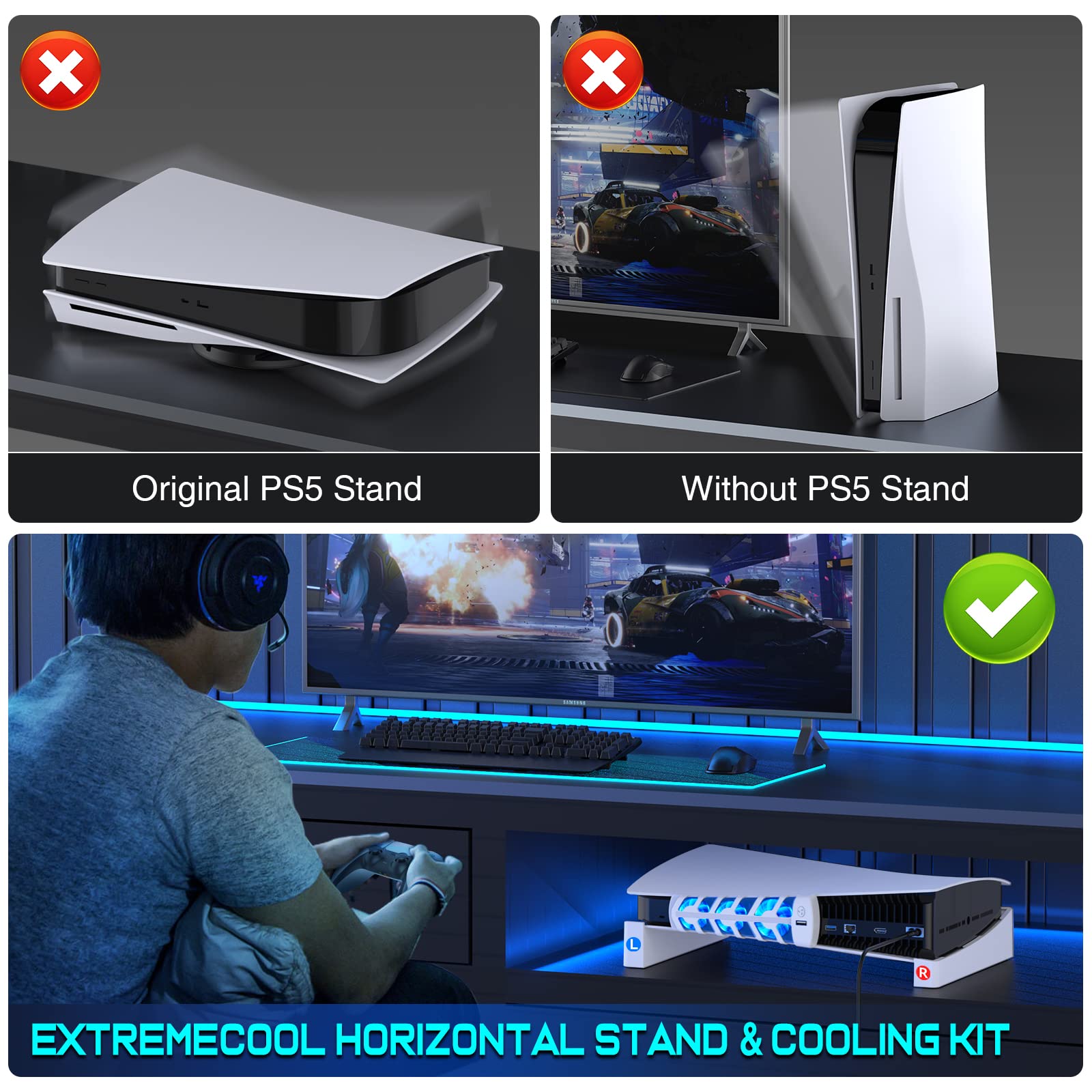 ALEEMTRY Supporto PS5, Base PS5 Orizzontale con Ventola/Luce LED/3 Ventole di Raffreddamento in 1/Cuscinetti in Gomma Antiscivolo, Supporto PS5 per Disco e Console per Edizione Digitale