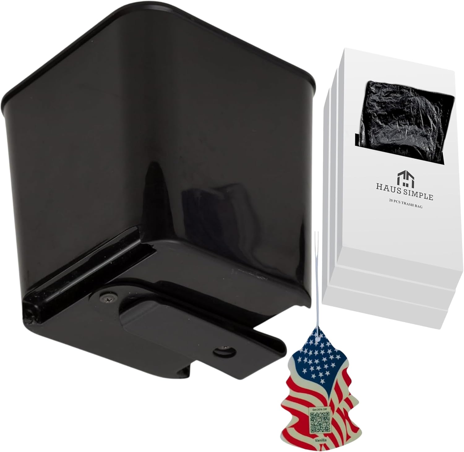 Medium Black Car Trash Can with Floor Mat Clip + 3 Dispenser Boxes of Leakproof Trash Bags (60pcs Total) – 2L Waterproof Auto Garbage Bin for Cars, SUVs & Trucks – Durable & Sleek