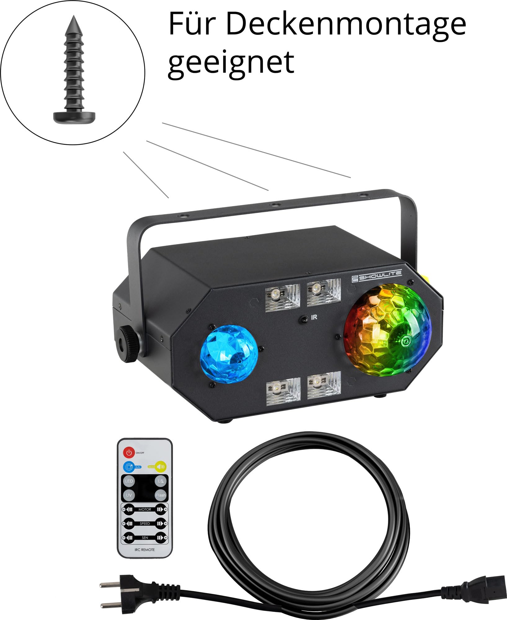 Showlite MEL-4 Multi-Effect-Light, Schwarzlichteffekte durch UV-Licht | Vielseitiges Multi-Effekt-Licht für Beleuchtungs- und Dekorationszwecke, LEDs in den Farben rot, grün, blau, weiß und UV
