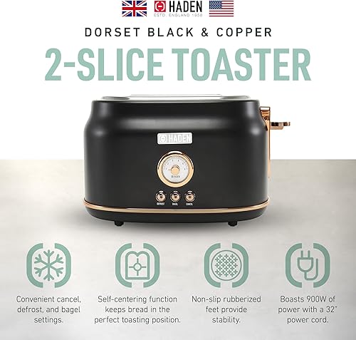Miniatura 2 de Haden Dorset - Tostadora de acero inoxidable de 2 rebanadas de ranura ancha con control de tostado ajustable y pies antideslizantes, color negro y