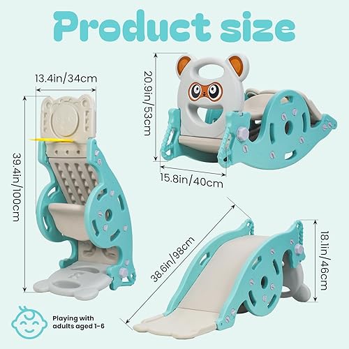 Miniatura 2 de Juguete mecedor deslizante para niños pequeños, caballo mecedor 4 en 1 con aro de baloncesto y tobogán, juguetes multifuncionales para interiores y