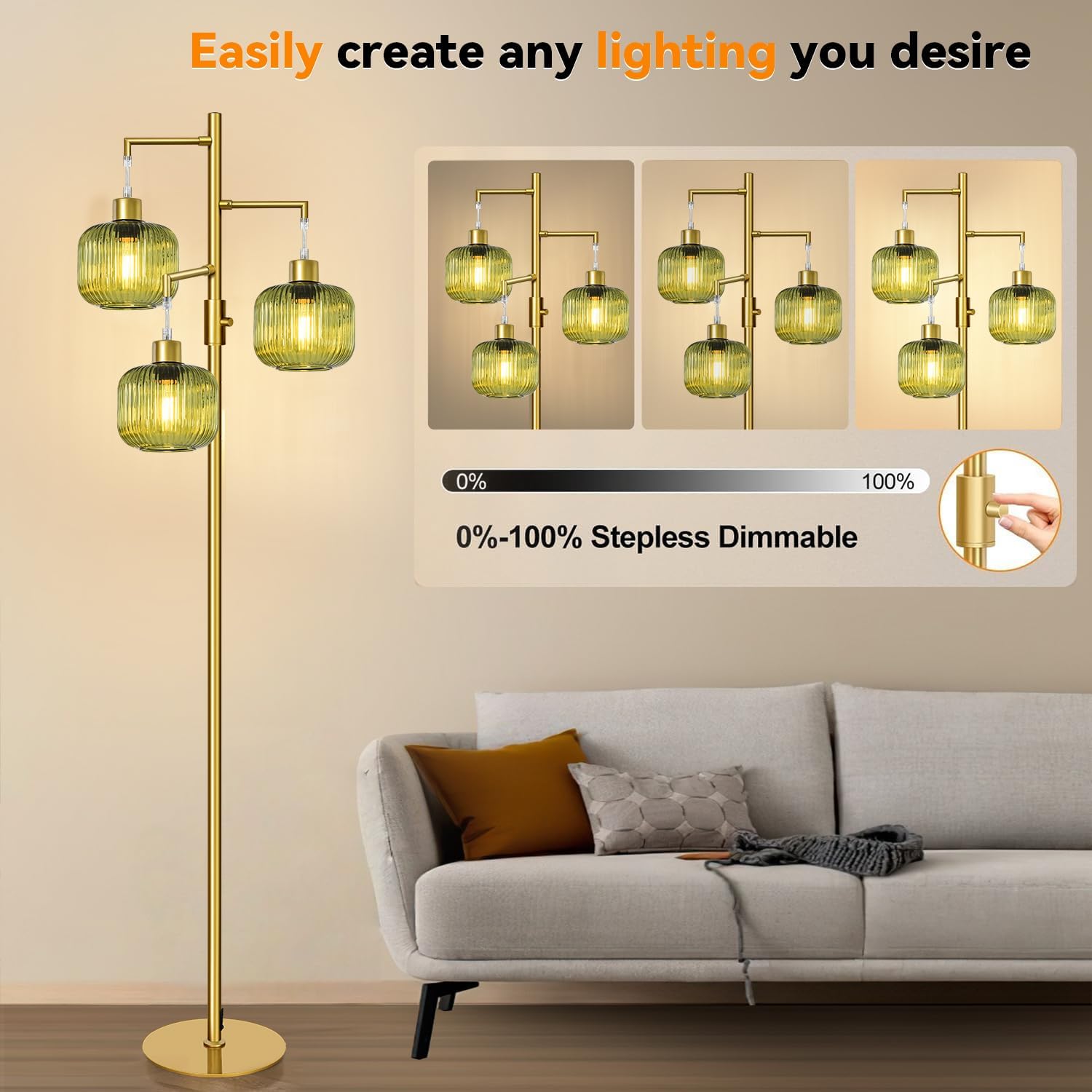 Modern Floor Lamp for Living Room, Dimmable Gold Standing Lamp with Green Glass Shade, Mid Century 3 Lights Tall Lamp, Vintage Retro Floor Lamps for Bedroom, 3×6W Bulbs Included