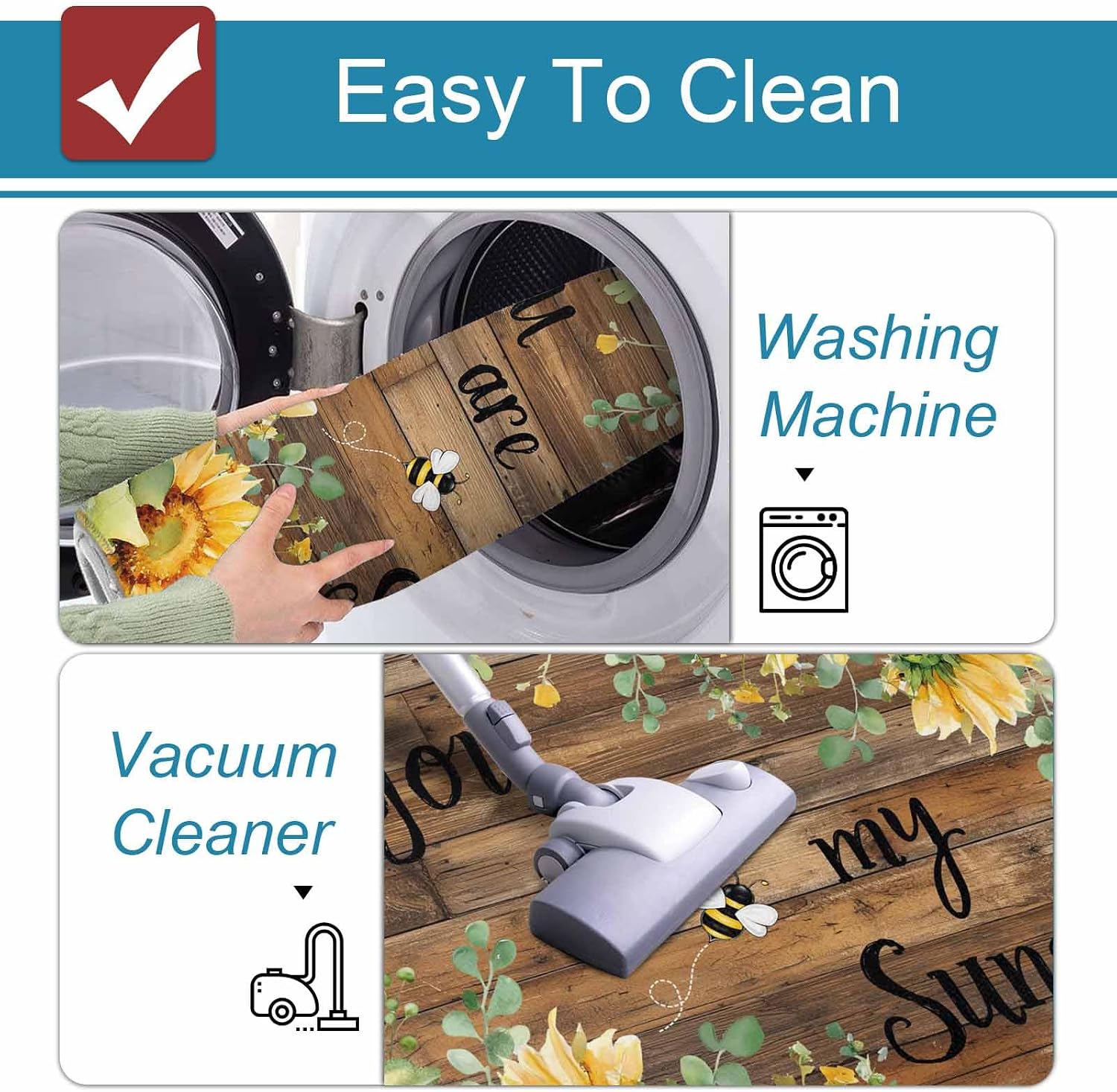 Prime Leader Sunflowers Kitchen Mat Set 2 Pieces Country Watercolor Summer Floral Bee Brown Wood Grain Non Slip Kitchen Rugs Washable Runner Rug Mats for Sink Laundry (23.6" x 35.4"+23.6" x 70.9")