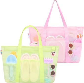 Tagitary Mesh Beach Bag with Zipper and 8 Pockets Green & Pink, Large Beach Tote Waterproof Sandproof for Camping Sports Pool Swim Bag Foldable Beach Accessories Storage Travel Bag