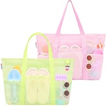 Tagitary Mesh Beach Bag with Zipper and 8 Pockets Green & Pink, Large Beach Tote Waterproof Sandproof for Camping Sports Pool Swim Bag Foldable Beach Accessories Storage Travel Bag