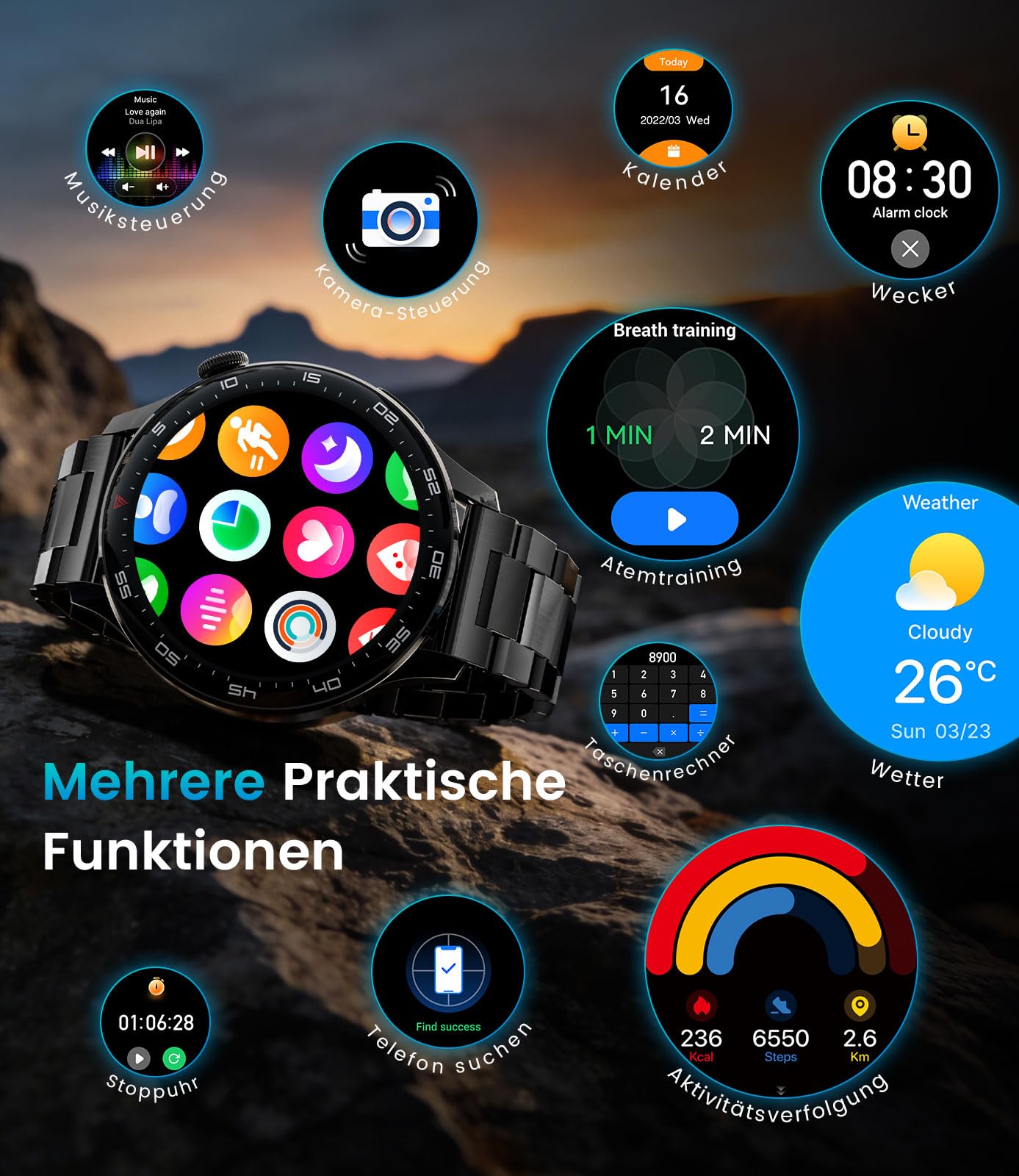 Smartwatch Herren mit Bluetooth Anrufen, 800mAh Akku 1.7" HD Bildschirm, 24/7 Herzfrequenzmessung Schlafanalyse SpO2 Messung, 110 Sportmodi IP68 Wasserdicht Kompatibel mit iOS Android Schwarz