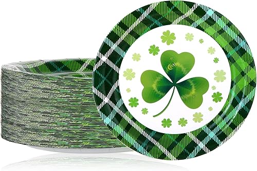 Rtteri 80 platos de papel desechables para el día de San Patricio, trébol de la suerte de 9 pulgadas, platos redondos para fiestas irlandesas,