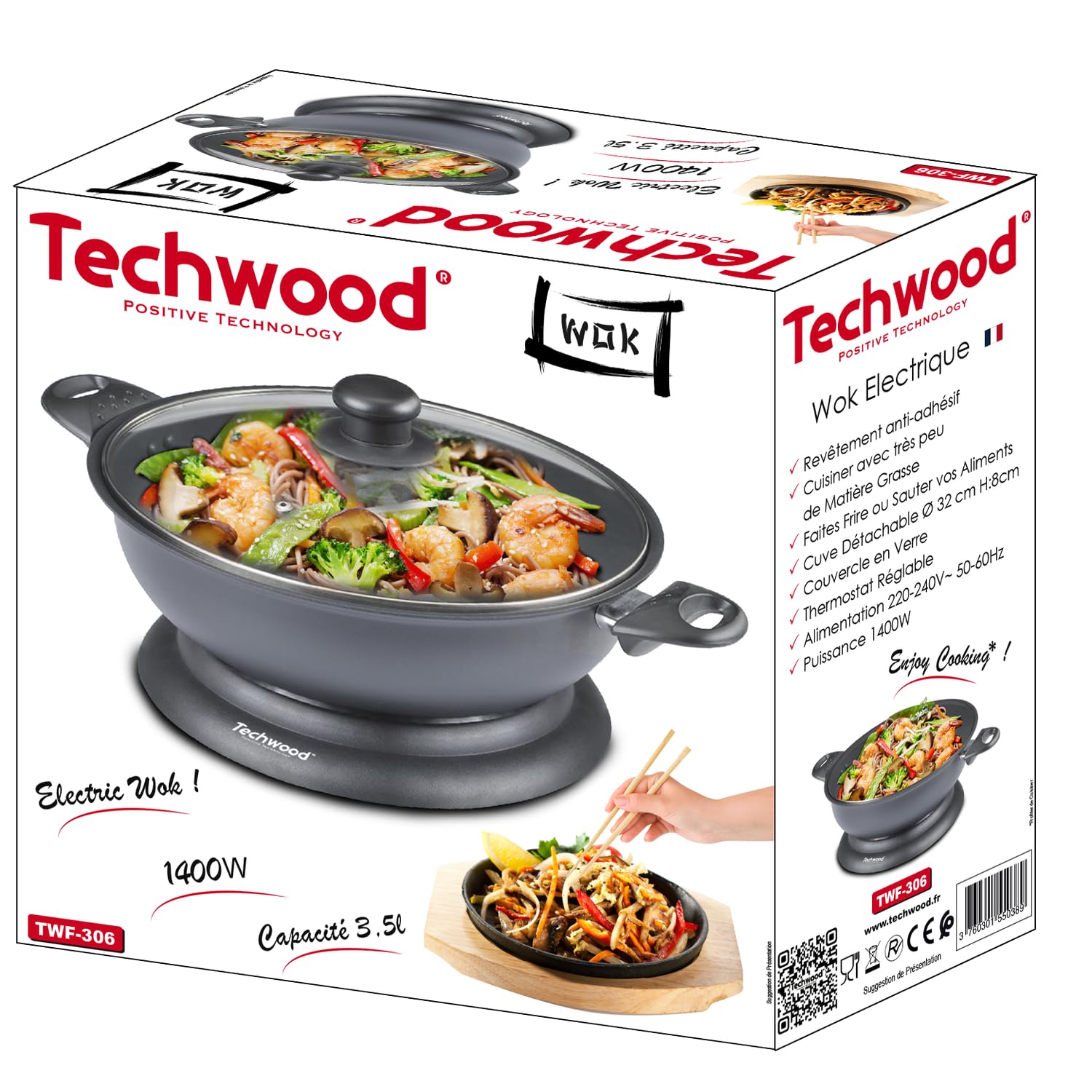 BM TOOLS Wok Electrique Techwood TWF-306-3,6L - Revêtement anti-adhésif - Puissance 1400W - Thermostat Réglable