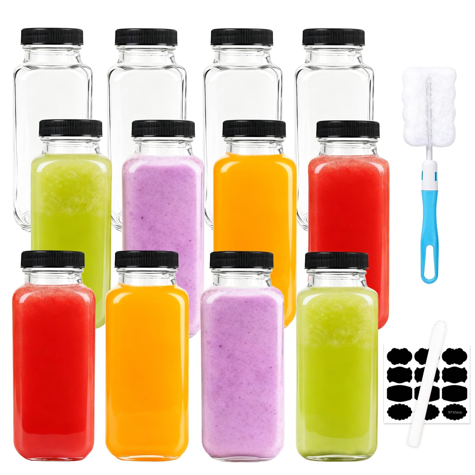 12 Pack Glass Juice Bottles with Lids, 8oz Smoothie Bottle, 250ml Reusable Glass Bottles, Drinking Jars for Juicing Water Milk Beverage Kombucha - 12 PACK