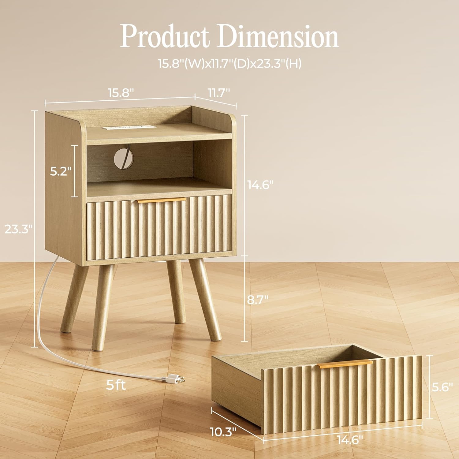 Huuger Nightstand with Charging Station, USB-C Port, Fluted Night Stand with Drawer, Bed Side Table with Solid Wood Feet, Open Storage, End Table with Raised Edge, for Bedroom, Natural