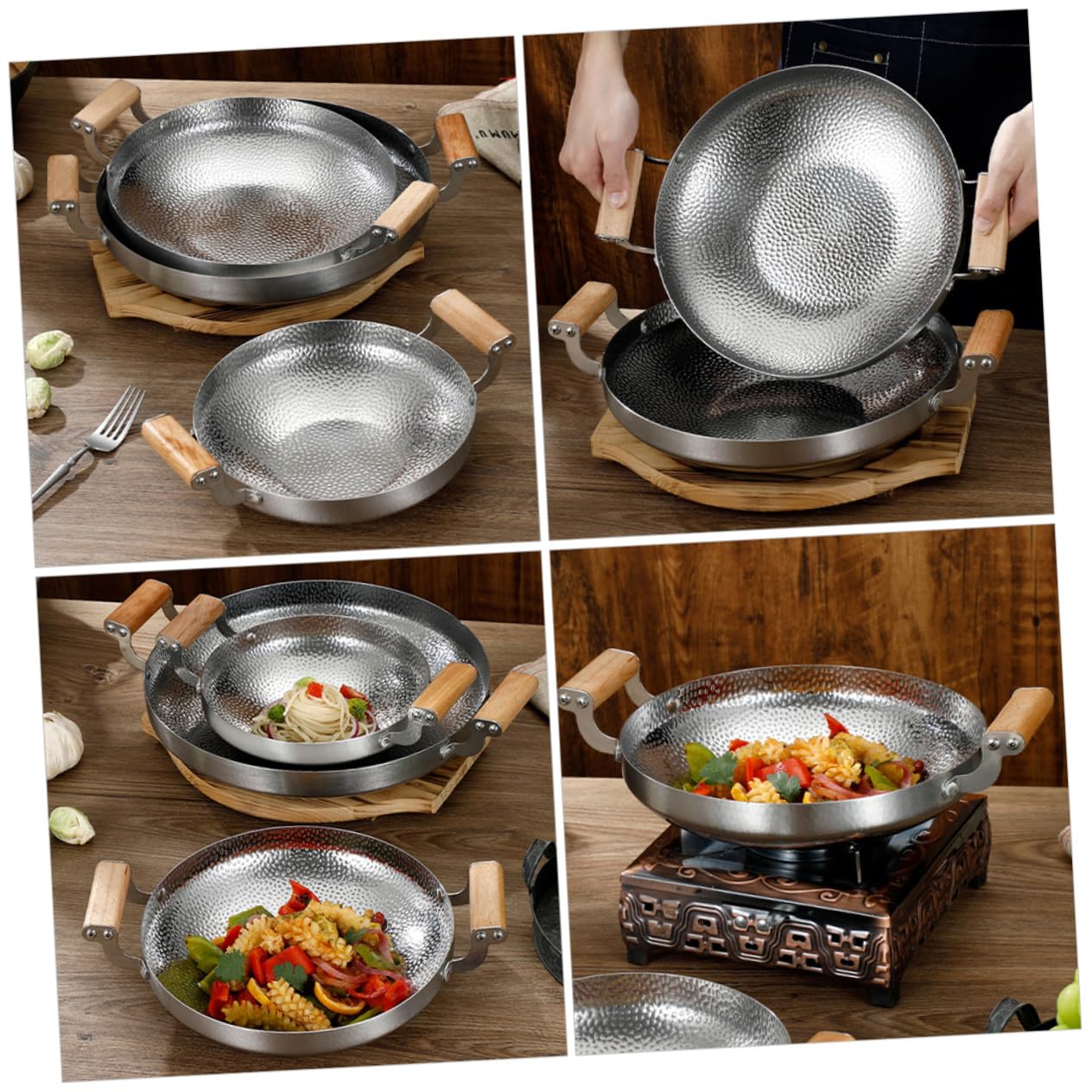 Gatuida Edelstahltopf mit Doppelgriff für Küche Kochpfanne als Bratpfanne Grillpfanne und Wok für Herd Haushaltspfanne Küchenutensil für Trockentopf