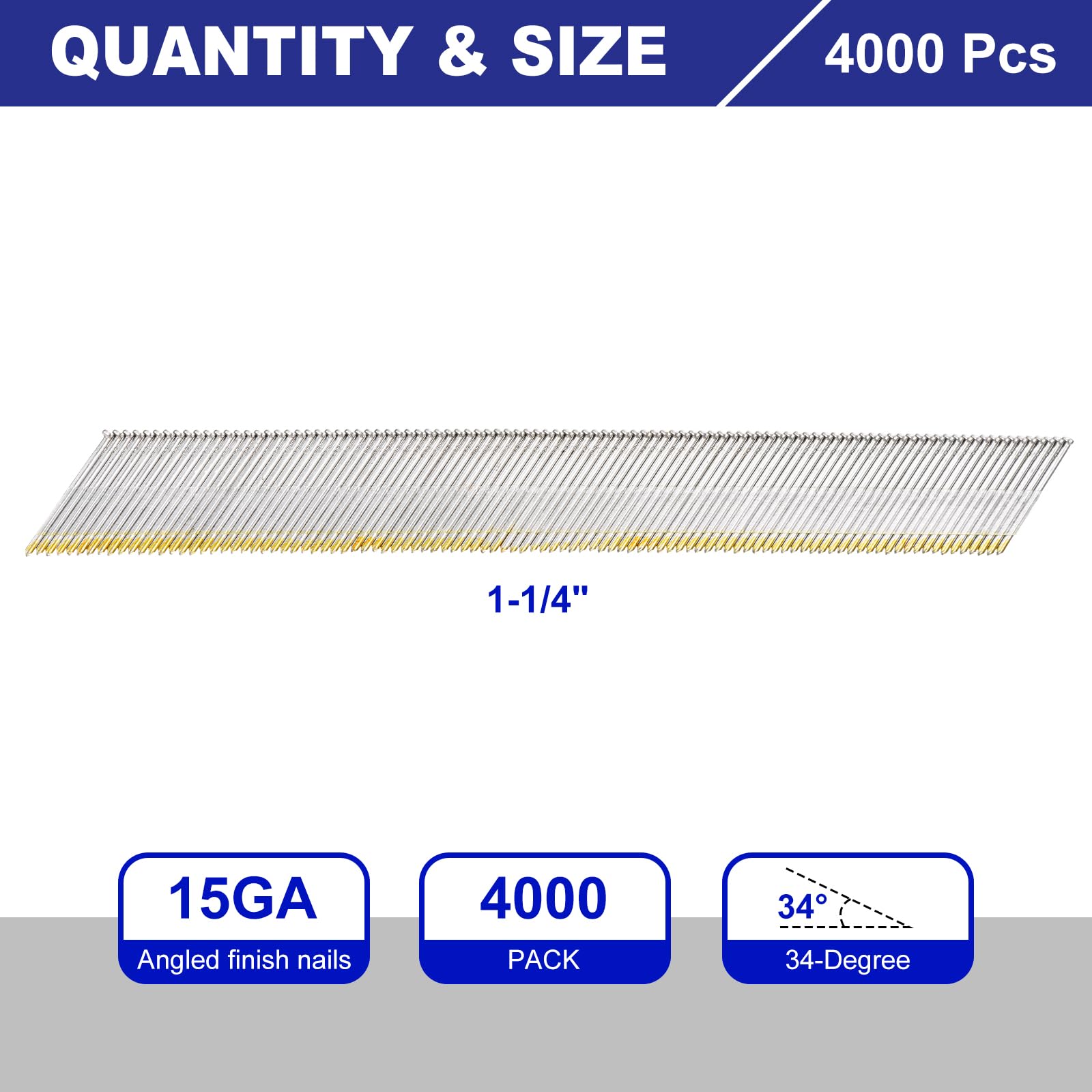 QUARKZMAN 4000 Puntas De Acabado Anguladas Calibre 15 Longitud 1-1/4" 34 Grados Galvanizadas Varios Tamaños Paquete Para Proyectos De Carpintería Construcción Color Zinc
