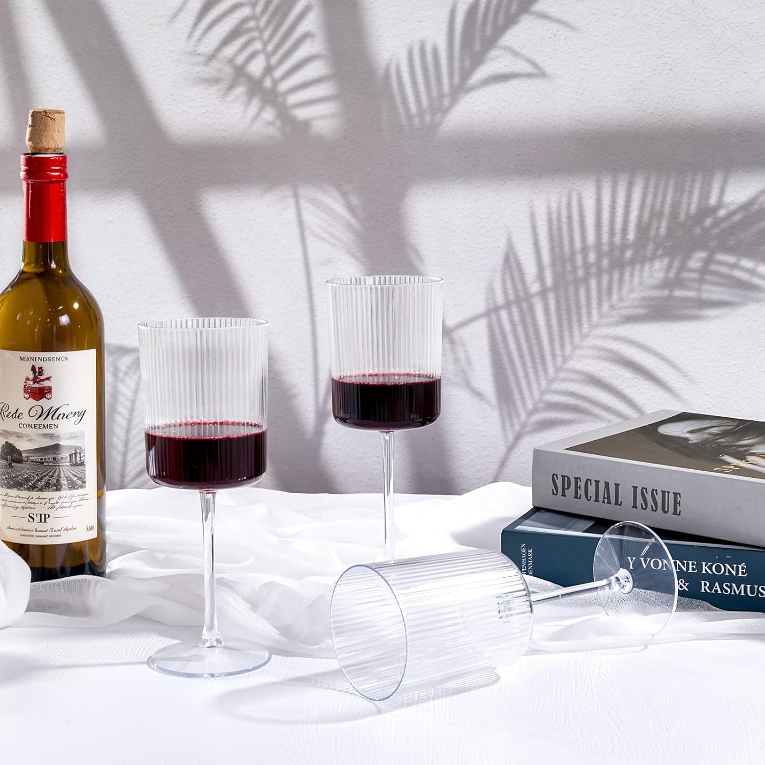 YOUBET 24 Pack Plastic Ribbed Wine Glasses - 10 OZ Clear Square Wine Glasses with Stem - Heavy Duty Vintage Disposable Champagne Cups for Wedding Parties - Image 6