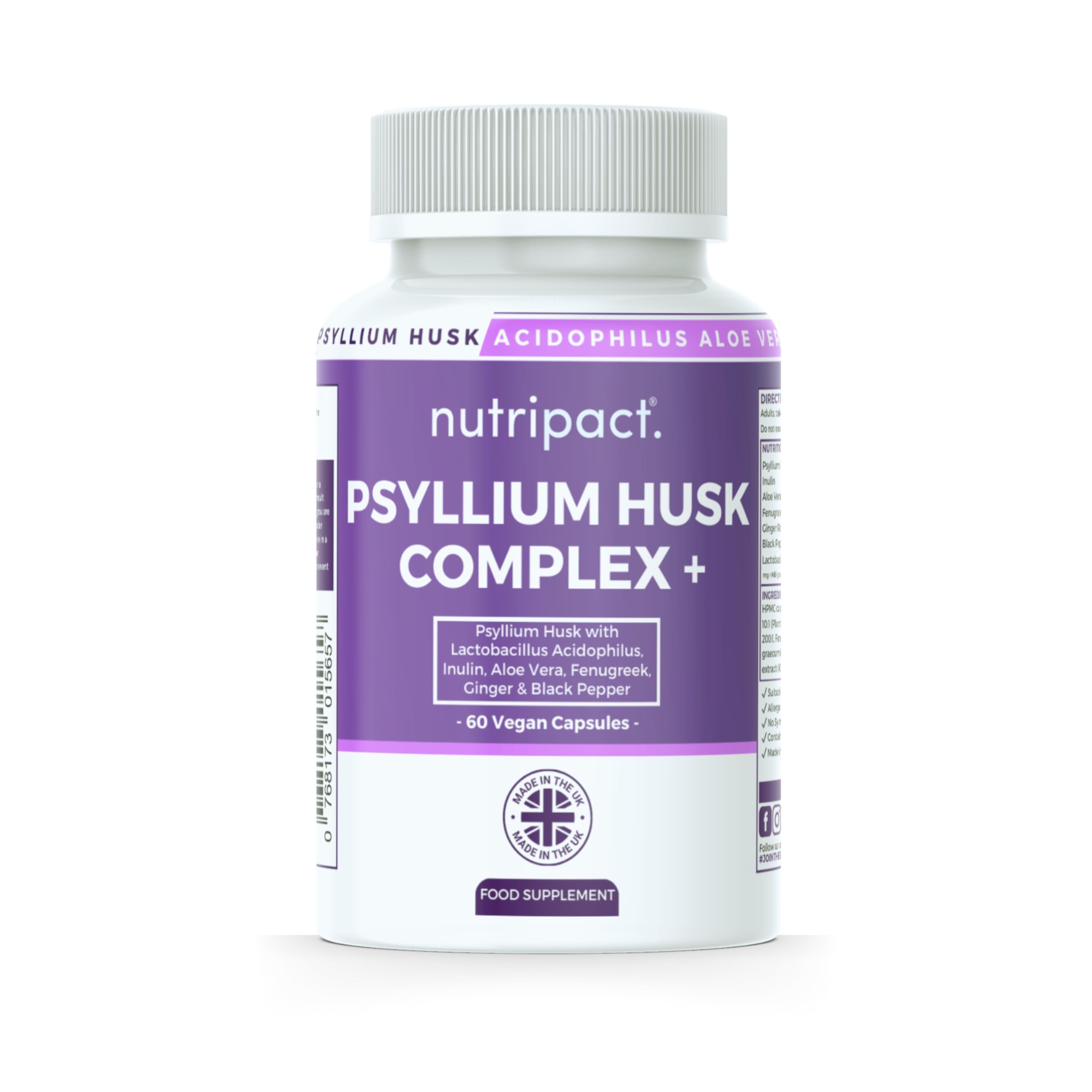 Psyllium Husk Fibre Supplement 4000mg with Probiotic Acidophilus 1 Billion CFU + Prebiotic Inulin & Aloe Vera - Nutriipact Natural Soluble Fibre - 60 Vegan Capsules