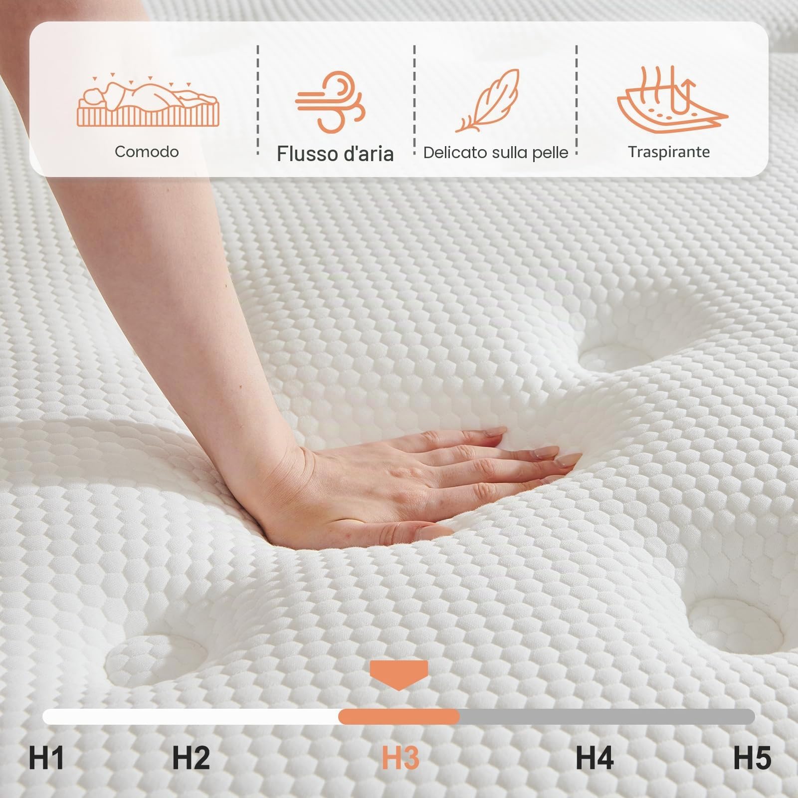 Materasso 140 x 200 cm, a molle insaccate H3, 7 zone, schiuma comfort alta qualità, per schiena, arrotolabile, 22 cm
