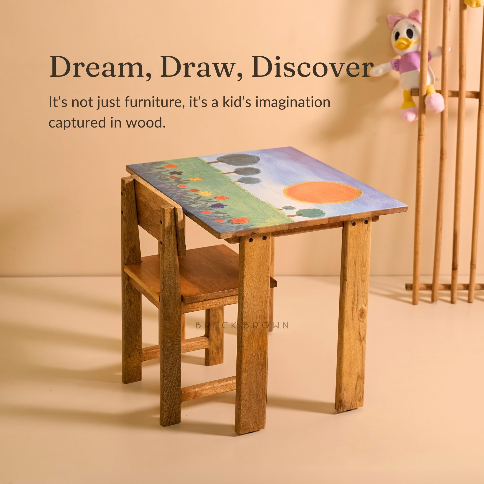 Brick Brown® Dreamland Kids Wooden Study Table & Chair Set | Handcrafted Solid Mango Wood Children Study Desk & Chair Furniture | Sunset Design | Table (24 x 20.1 x 21.3 in), Chair (12 x 12 x 22 in) 1