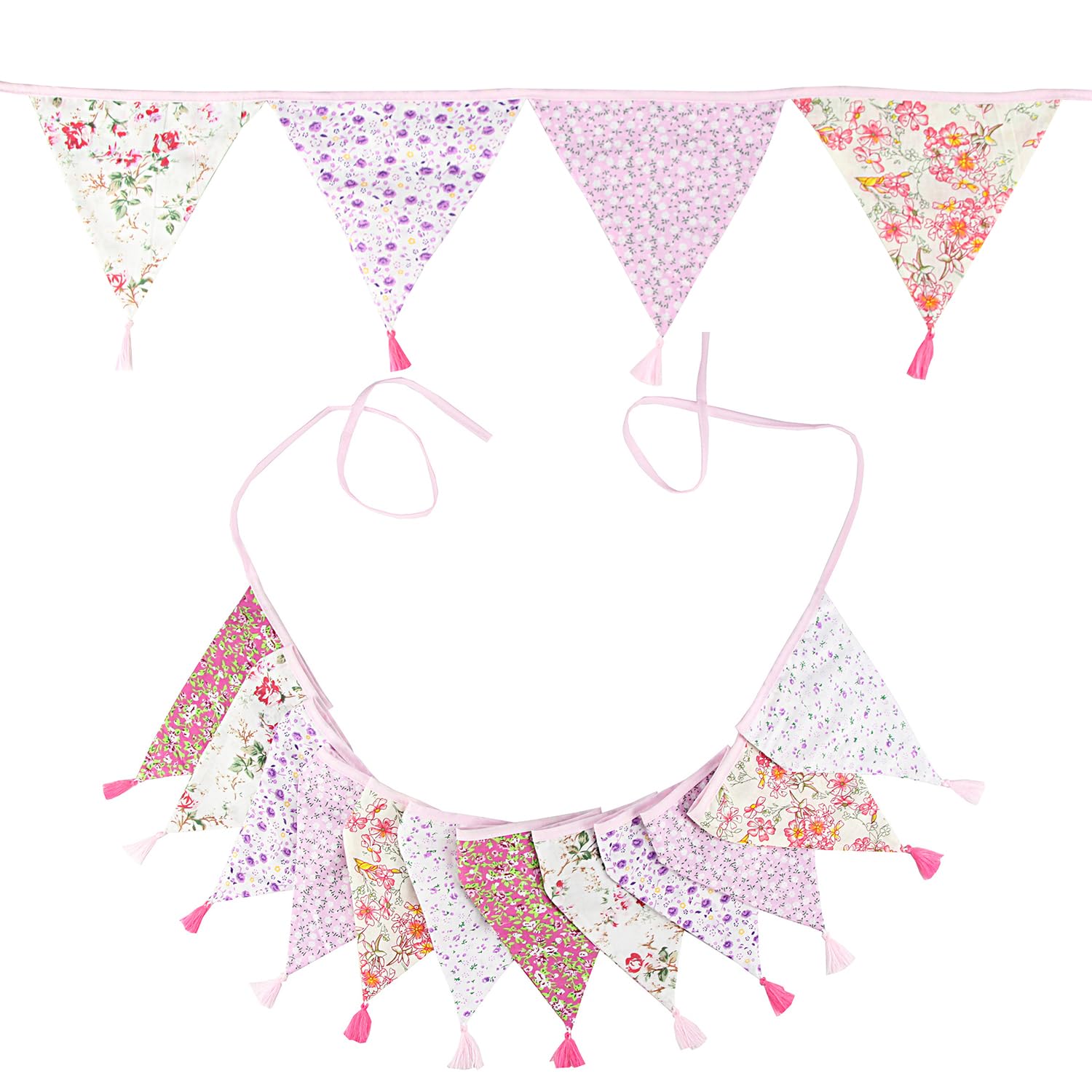 2.6m Floral Fabric Bunting Banner with Tassel, 10PCS Double-Sided Cotton Garland Tea Party Decorations, for Garden, Baby Shower, Pastel Bedroom & Baby Room Decoration