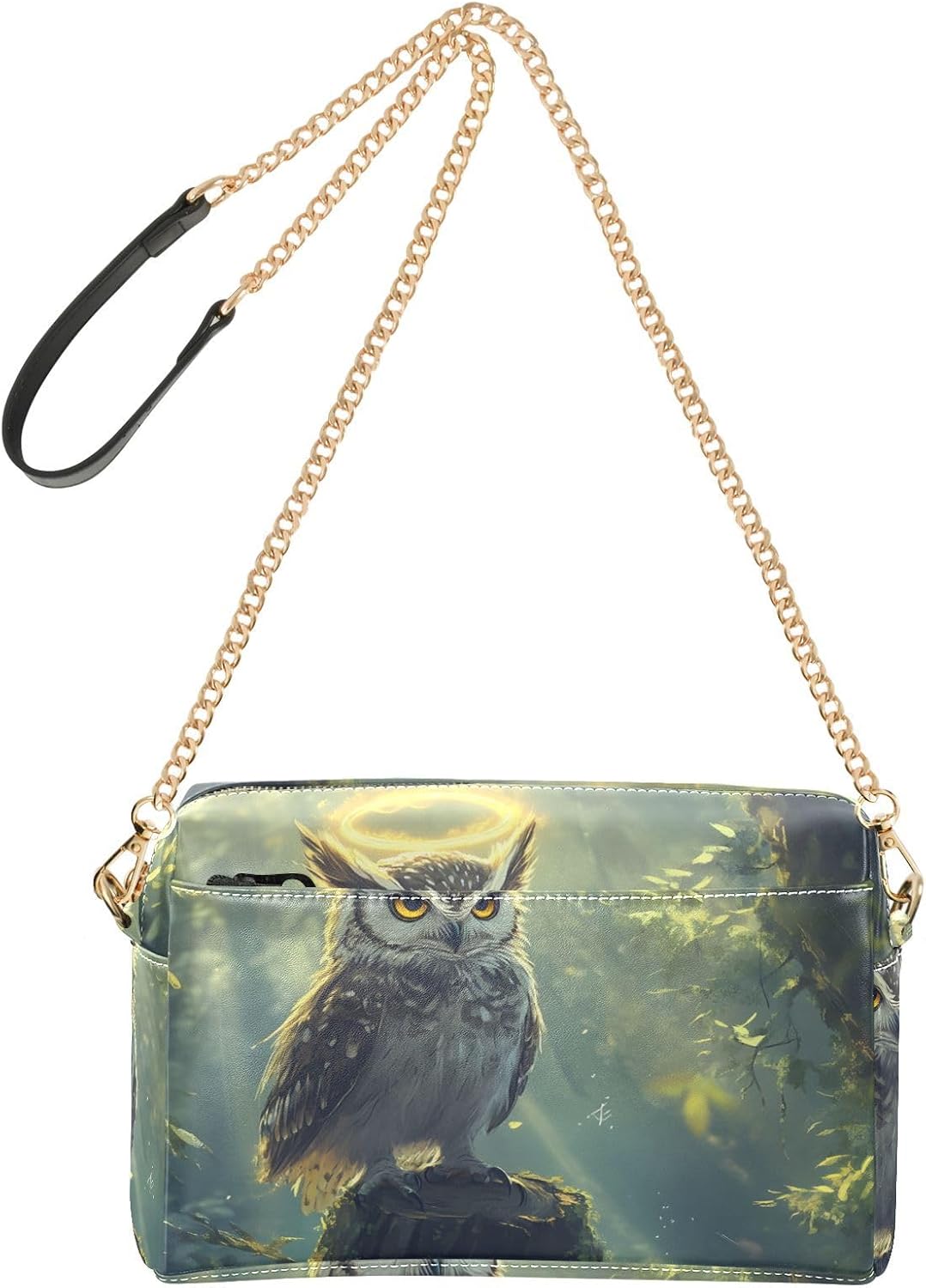 Women Crossbody Bag Shoulder Handbag Cellphone Purse PU Leather Metal Chain Strap Water Resistant Zipper Closure Owl Forest Print