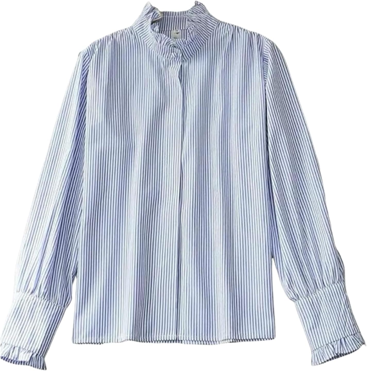 Women's White Solid Ruffle Trim Button Down Shirts Mock Neck Long Sleeve Tops 2025 Collared Office Work Blouses