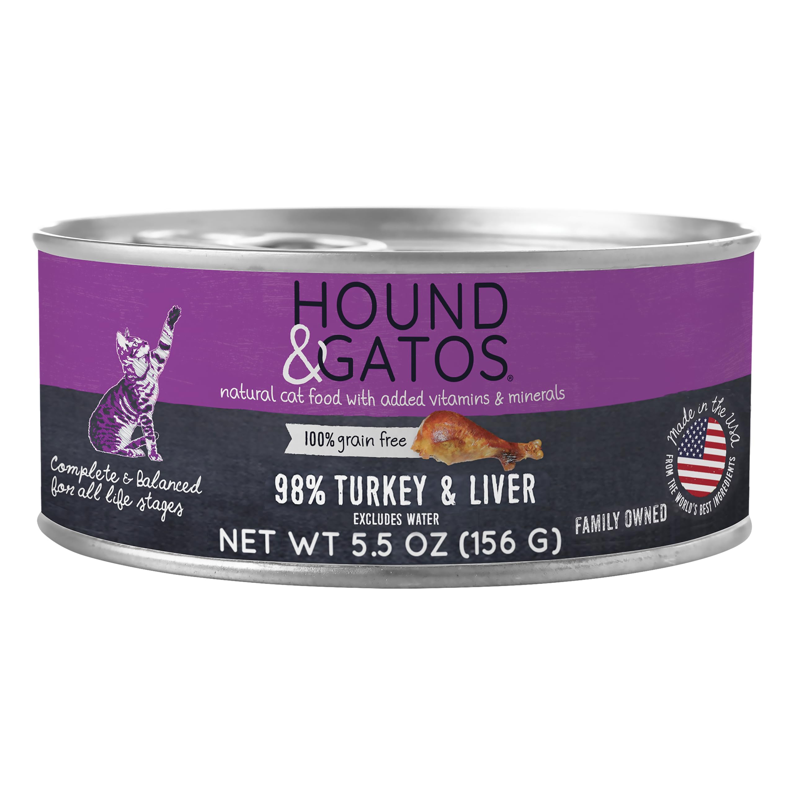 Hound & Gatos Wet Cat Food, 98% Turkey & Liver, Grain Free Pate Cat Food, Real Meat, High Protein, Limited Ingredients, No Additives, 5.5 oz. Cans (Pack of 24)
