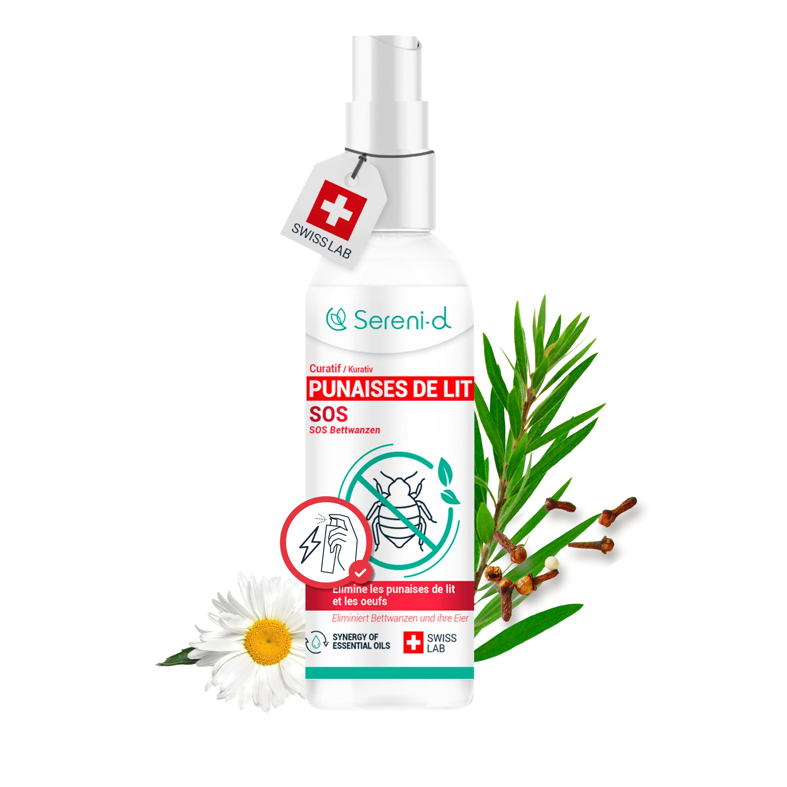 SOS ANTI PUNAISES DE LIT SUPER PUISSANT Sereni-d - Spray Insecticide CHOC Traitement naturel aux Huiles Essentielles et Fleur de Pyrèthre Végétal - Produit qui élimine les punaises de lit - 100mL